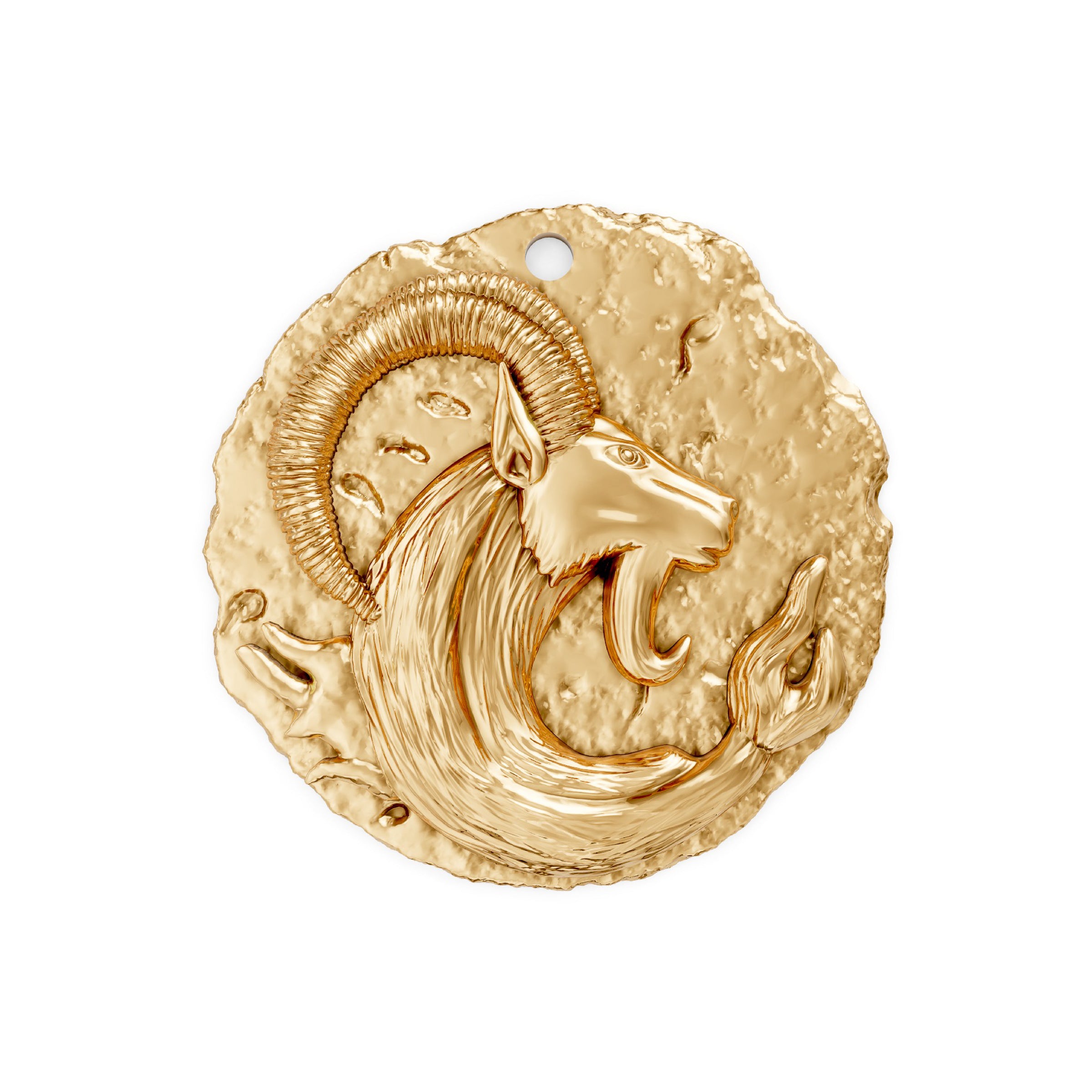 Gold zodiac Capricorn pendant with ram design on a white background