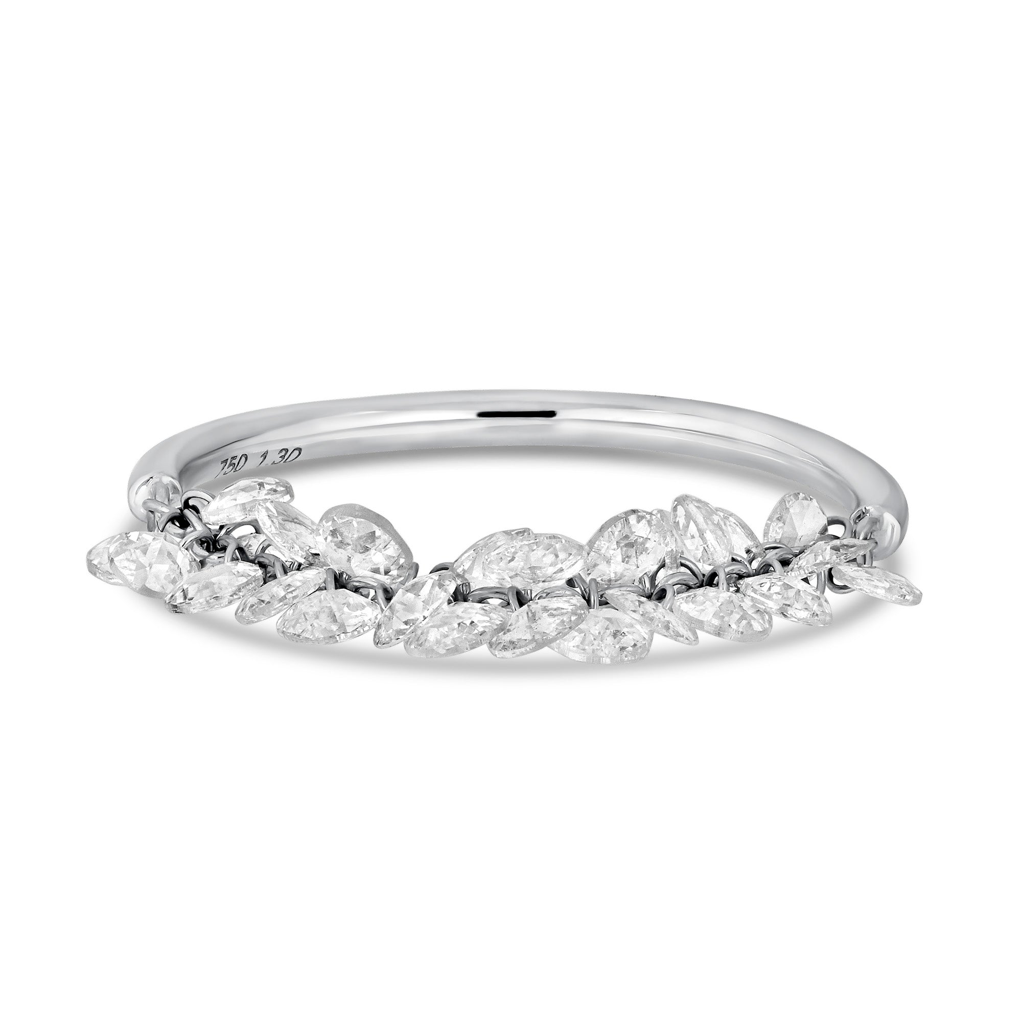 Gold ring with small diamonds on a white background. Rose cut dimaonds on 18k gold chain.