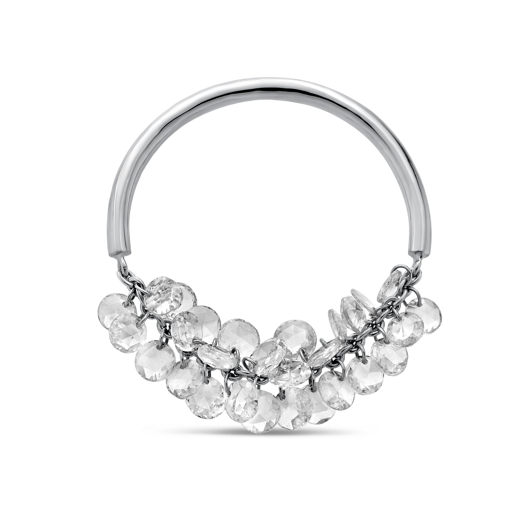 Gold ring with small diamonds on a white background. Rose cut dimaonds on 18k gold chain.