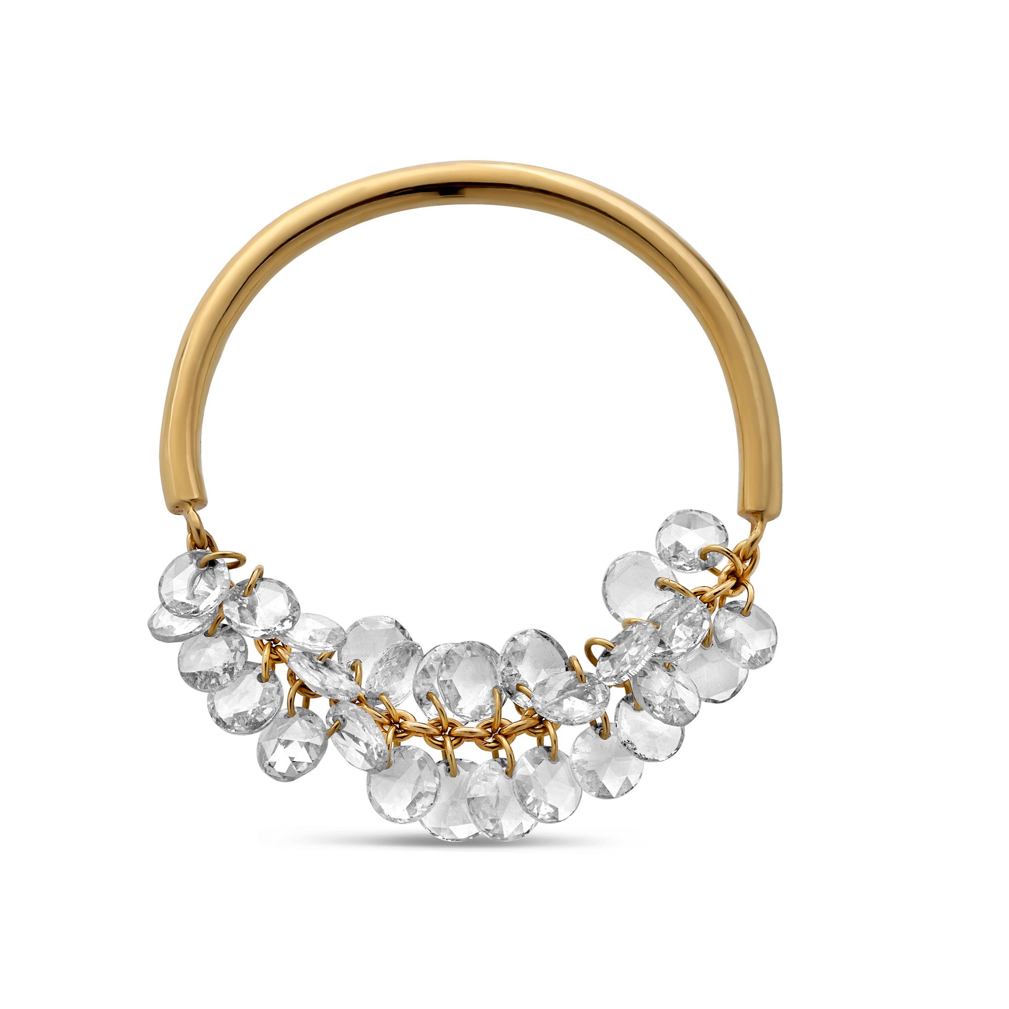 Gold ring with small diamonds on a yellow background. Rose cut dimaonds on 18k gold chain.