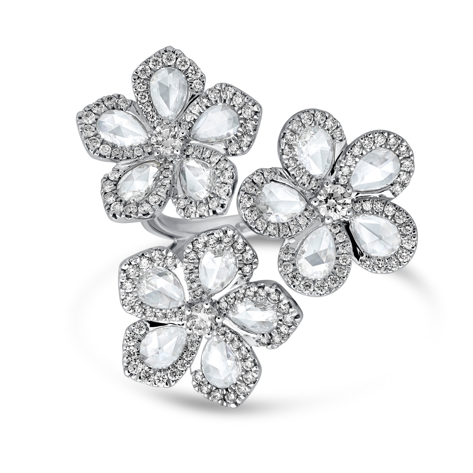 3 flower ring made out of rose cut natrual mined diamonds and pave diamonds to add extra sparkle set in 18k white gold