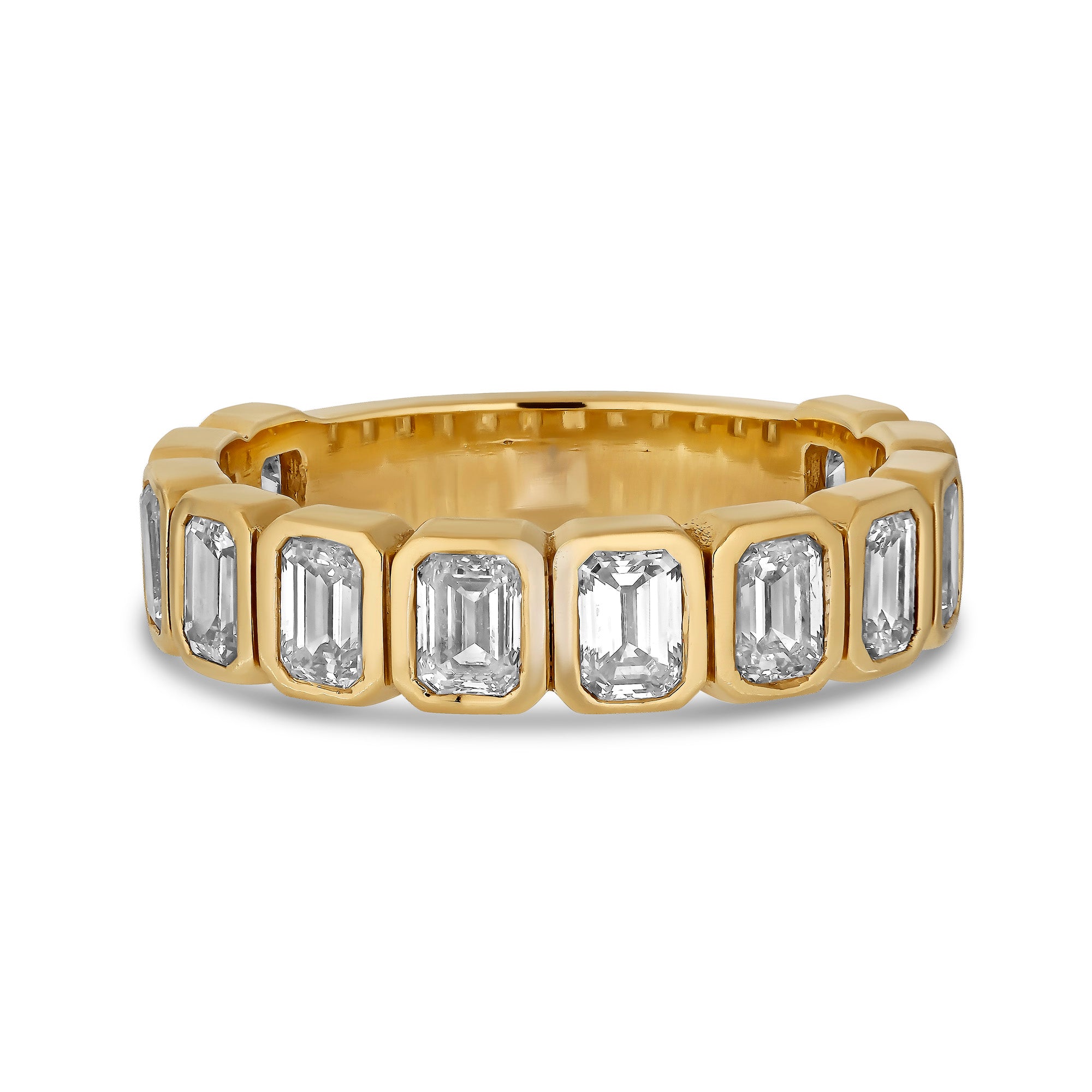 Emerald Cut Lab Diamond eternity band ste in 14k yelllow gold.