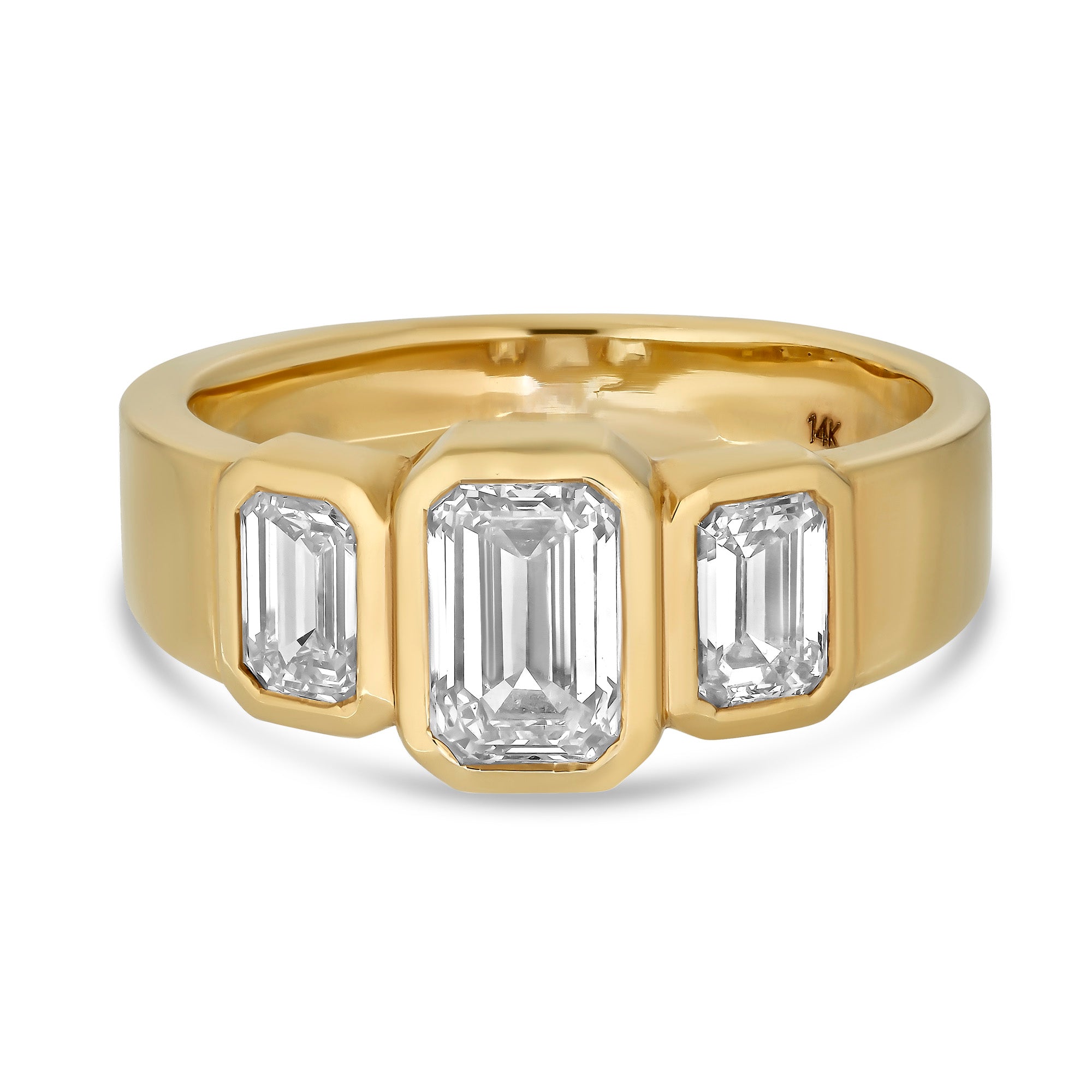 Three Lab Diamond Emerald Cut Ring set in 14k yellow gold. Center Emerald Cut diamond is larger than two stones on the sides.