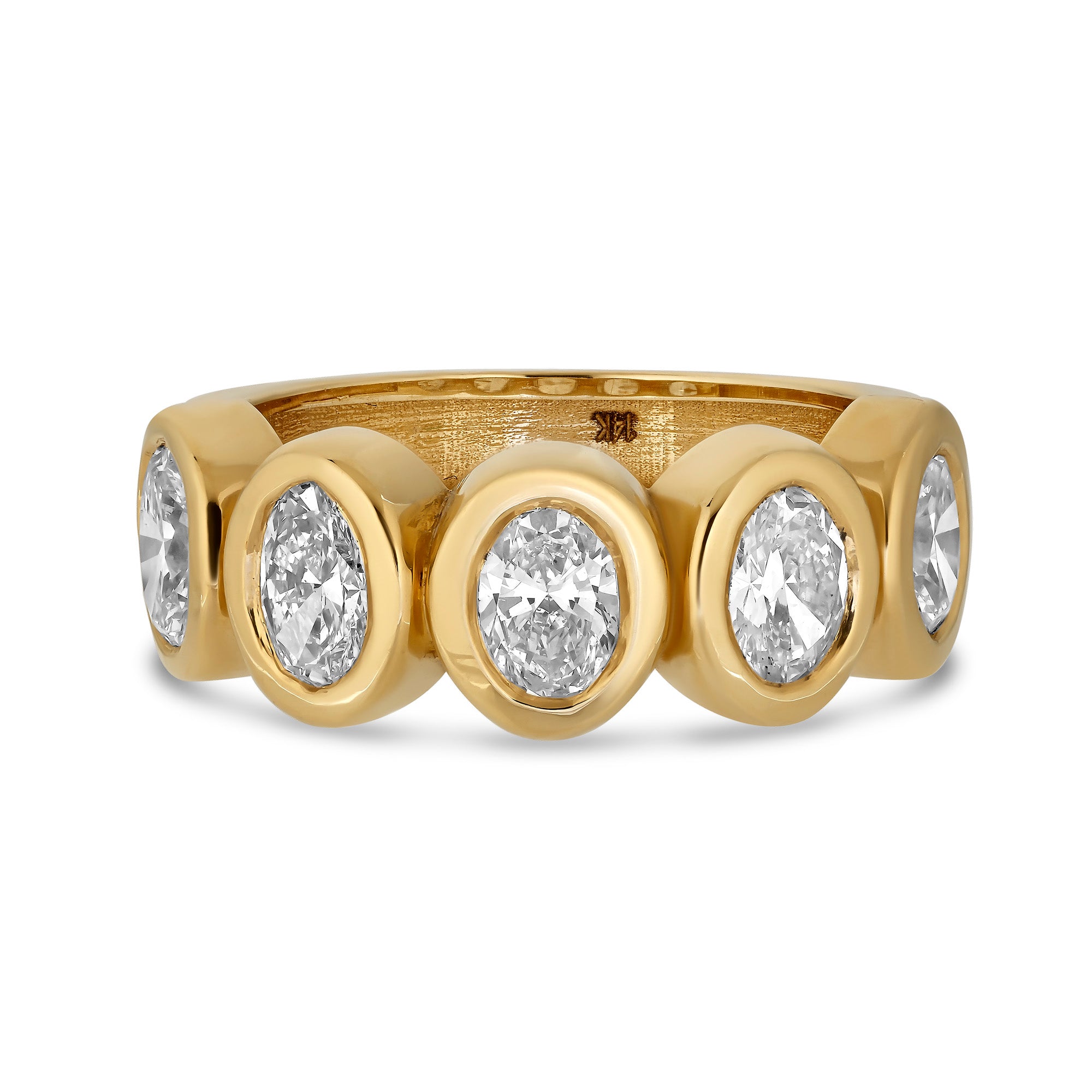 Five Oval Lab Diamond Ring set in 14k Yellow Gold. All oval diamonds are the same carat weight.