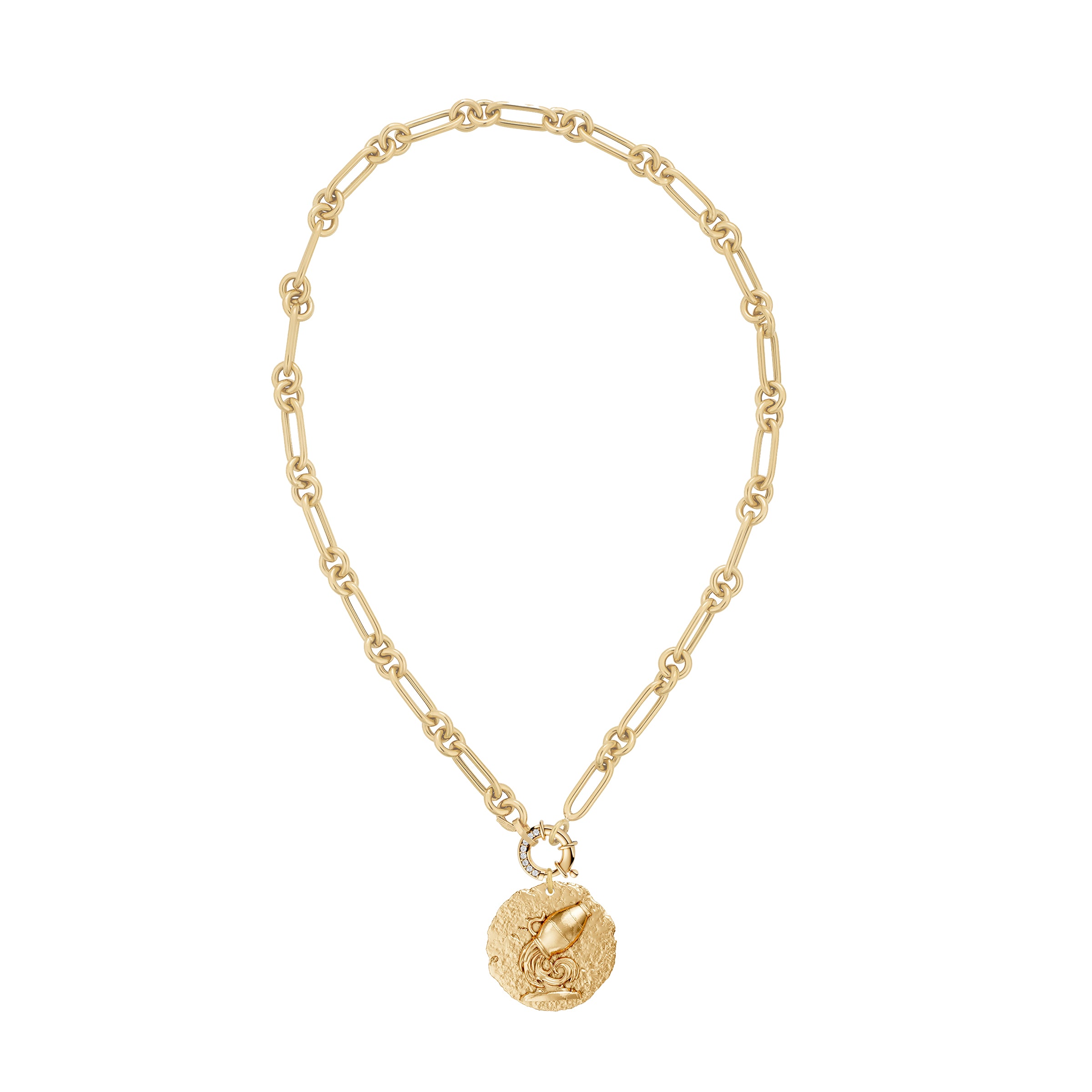 Gold necklace with a round Aquarius zodiac pendant on large link and round chain with white diamond decorative clasp on a white background