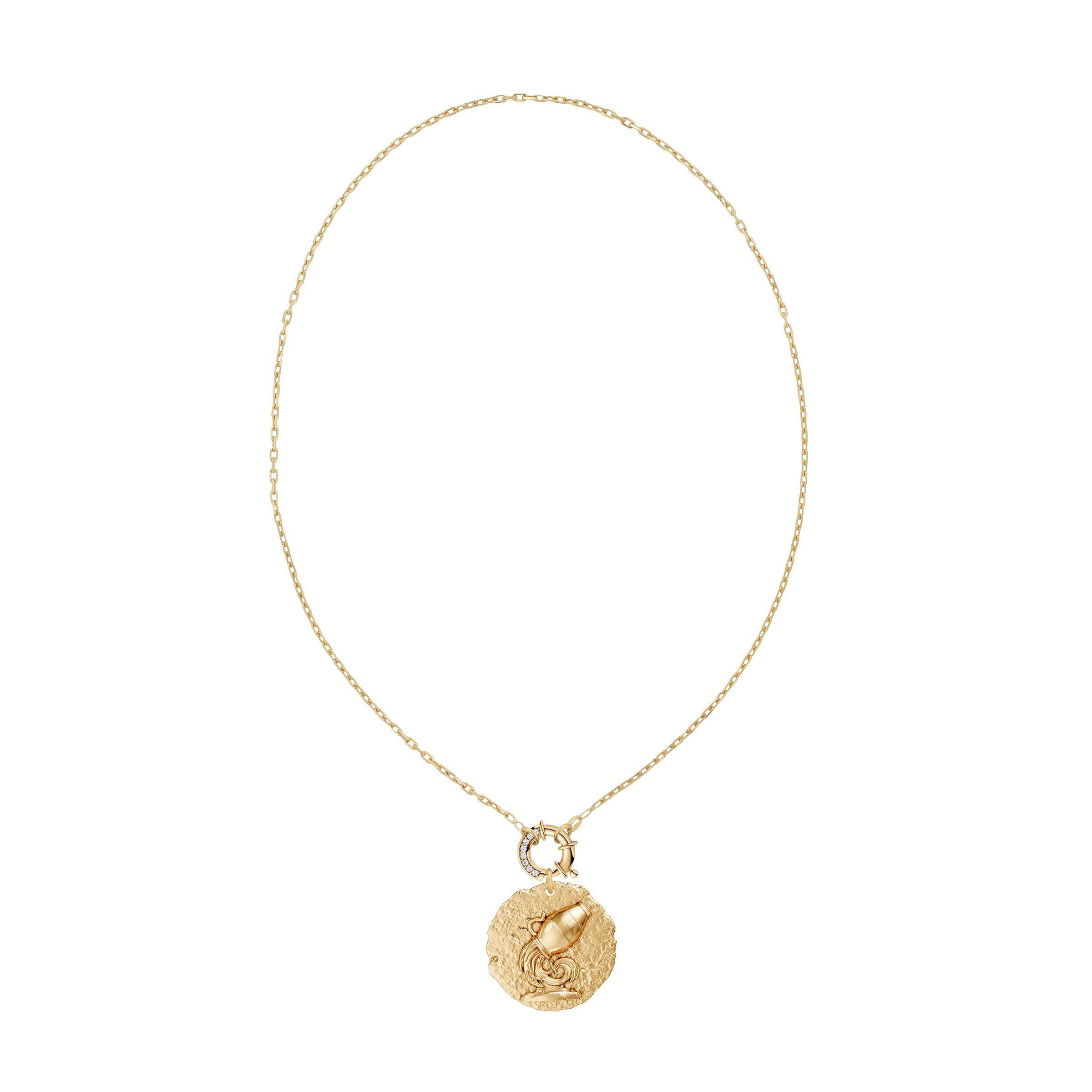 Gold necklace with a round Aquarius zodiac pendant on small link chain with white diamond decorative clasp on a white background
