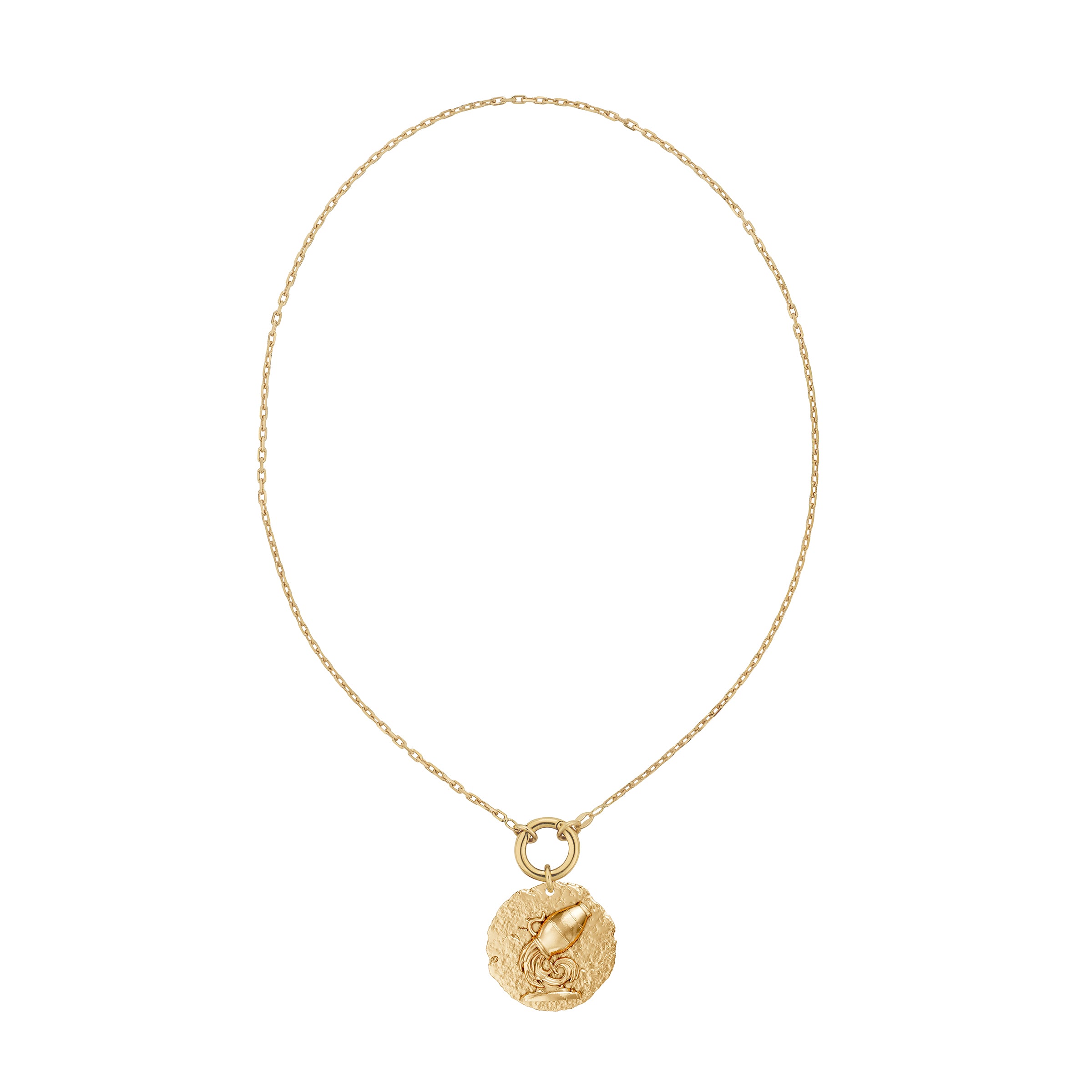 Gold necklace with a round Aquarius zodiac pendant on small link chain with solid gold decorative clasp on a white background