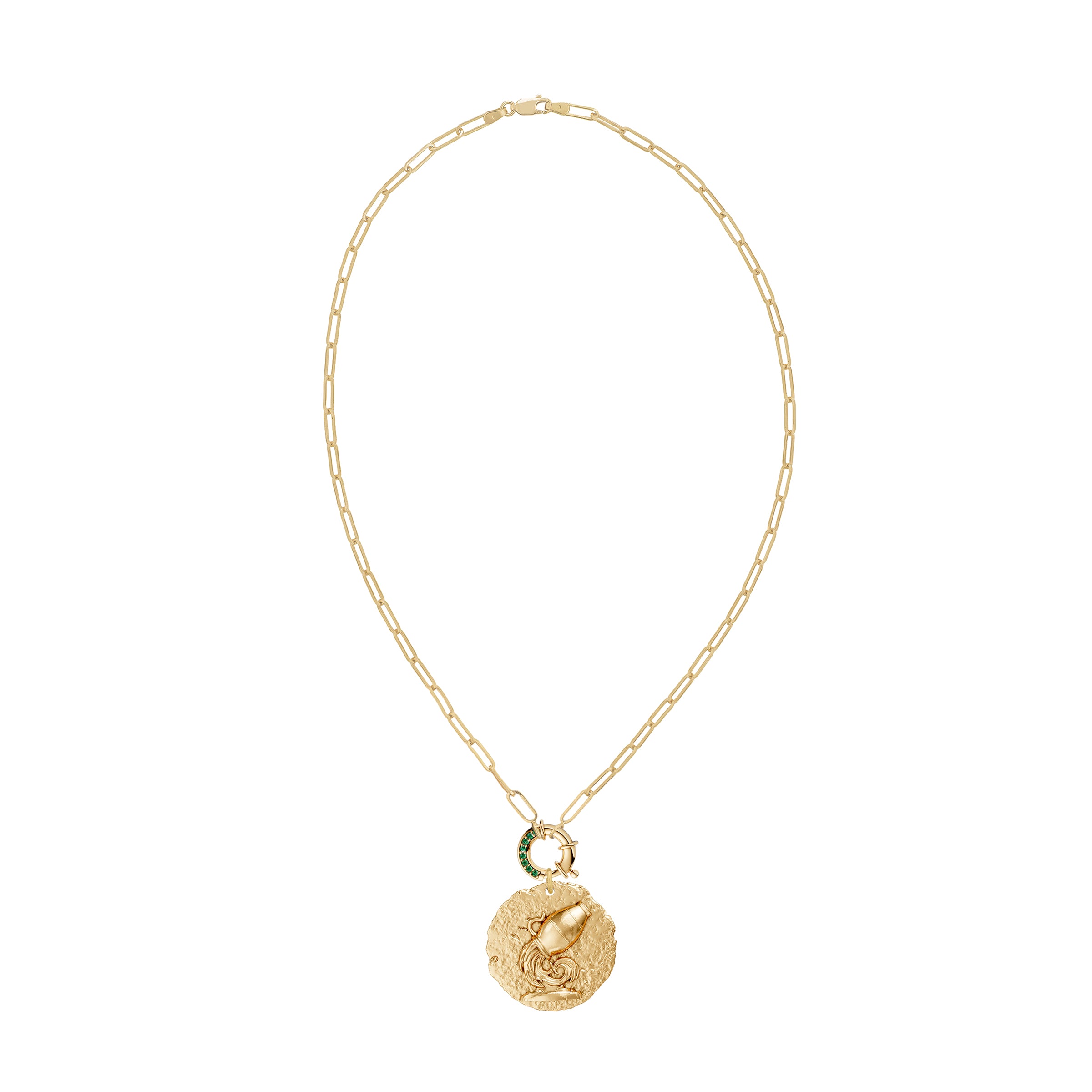 Gold necklace with a round Aquarius zodiac pendant on paperclip link chain with emerald decorative clasp on a white background