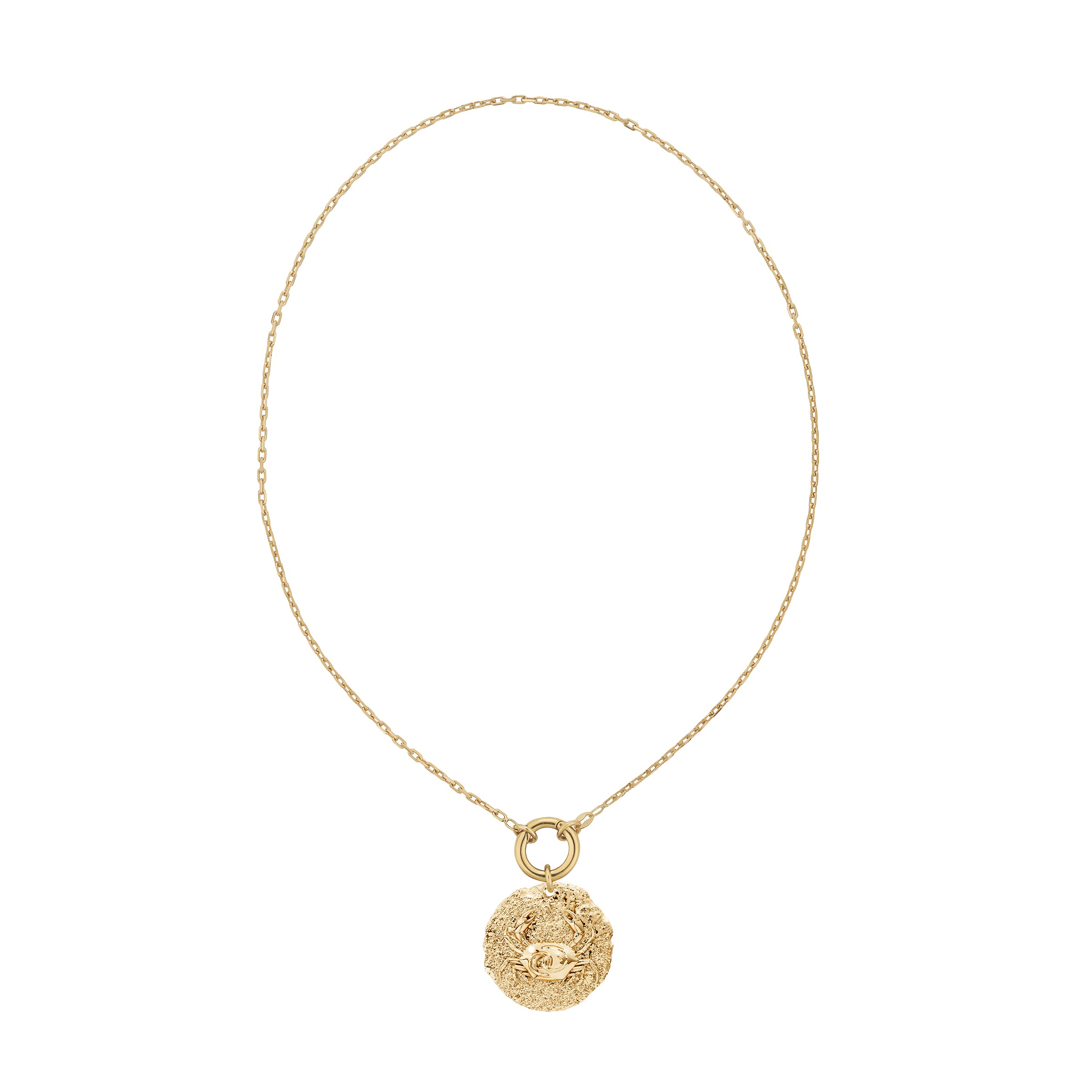 Gold necklace with a round zodiac cancer pendant with crab design on plain solid gold decorative clasp on a white background