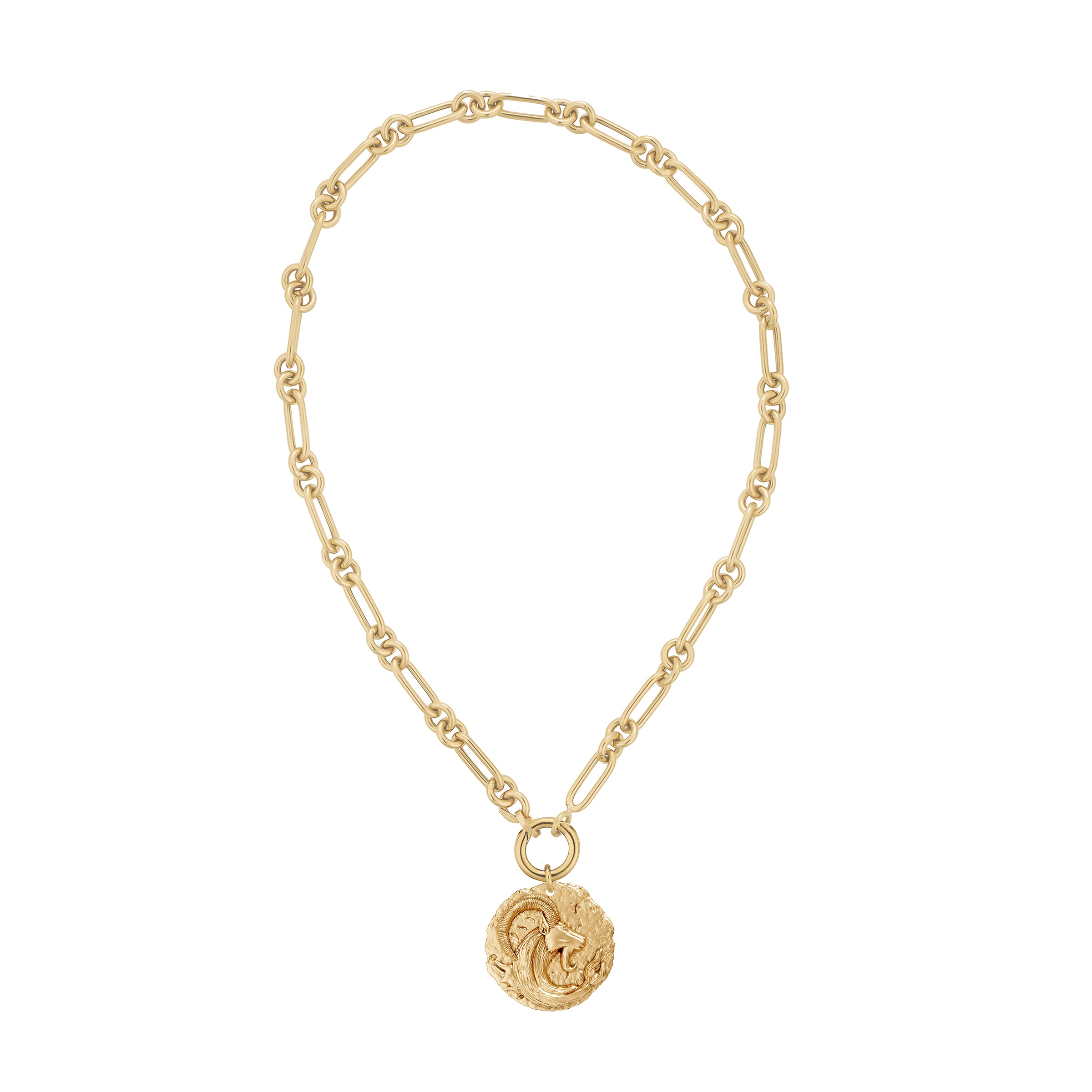 Gold necklace with a circular zodiac Capricorn pendant on a large link chain and a solid gold clasp on a white background