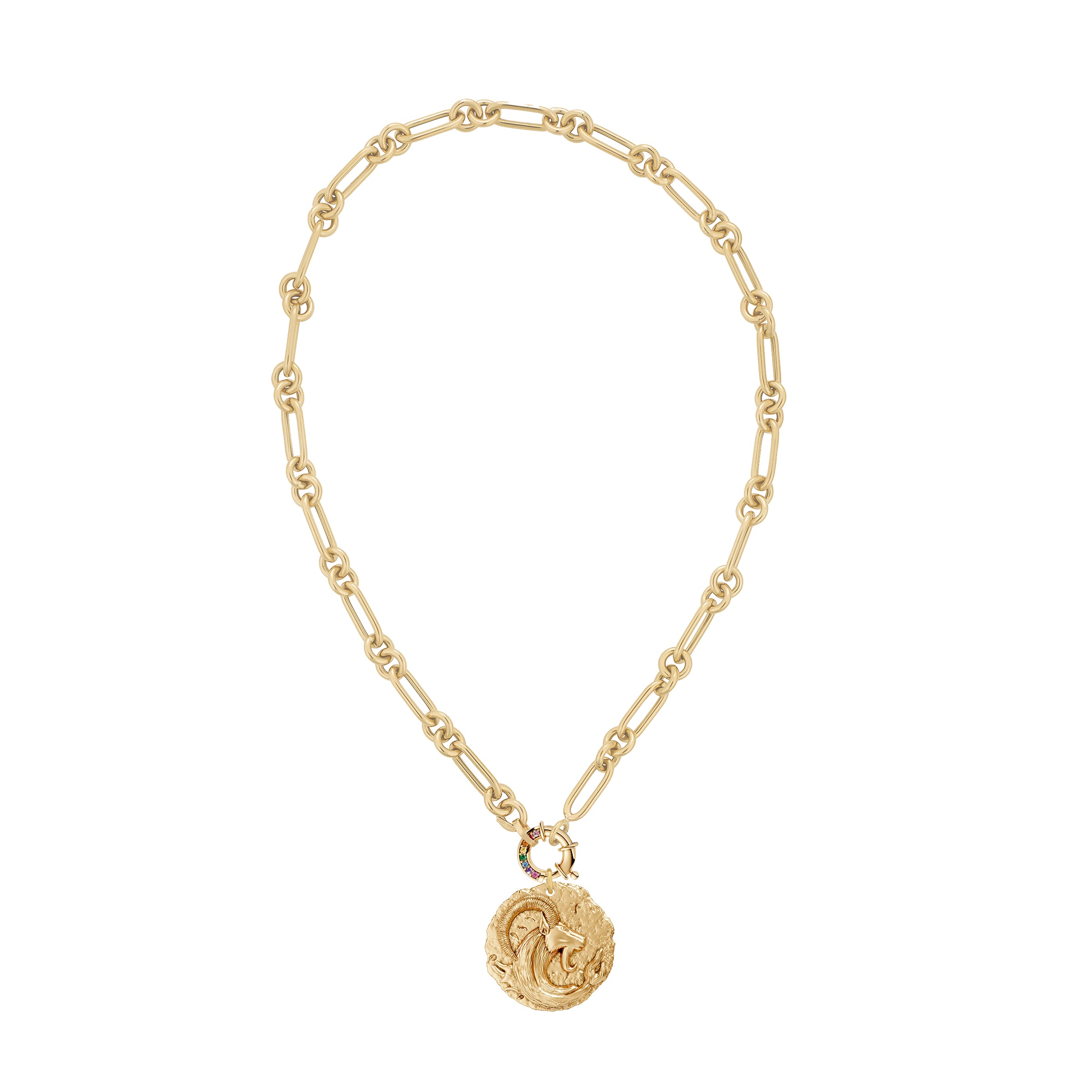 Gold necklace with a circular zodiac Capricorn pendant on a large link chain and a rainbow sapphire clasp on a white background