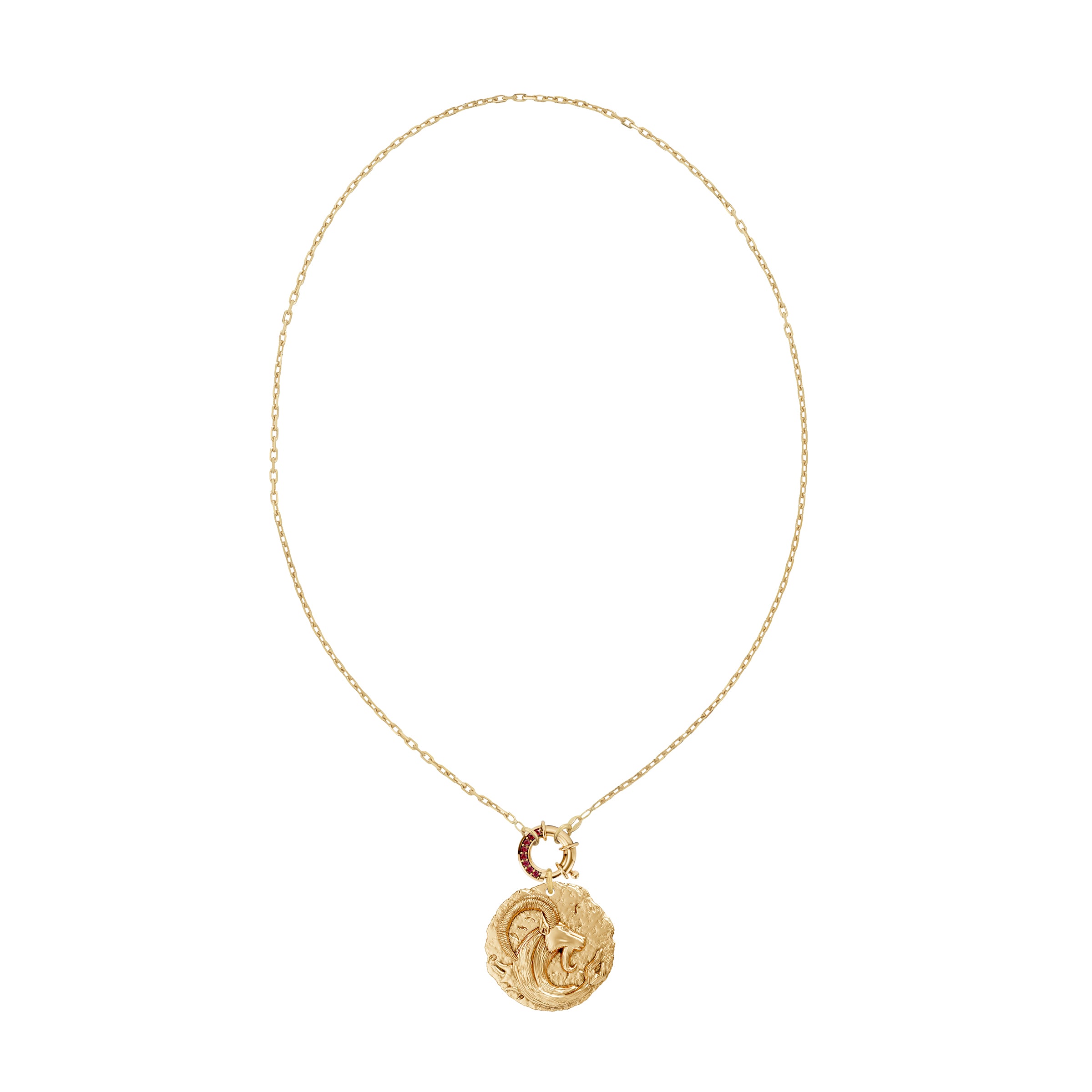 Gold necklace with a circular zodiac Capricorn pendant on a small link chain and a ruby clasp on a white background