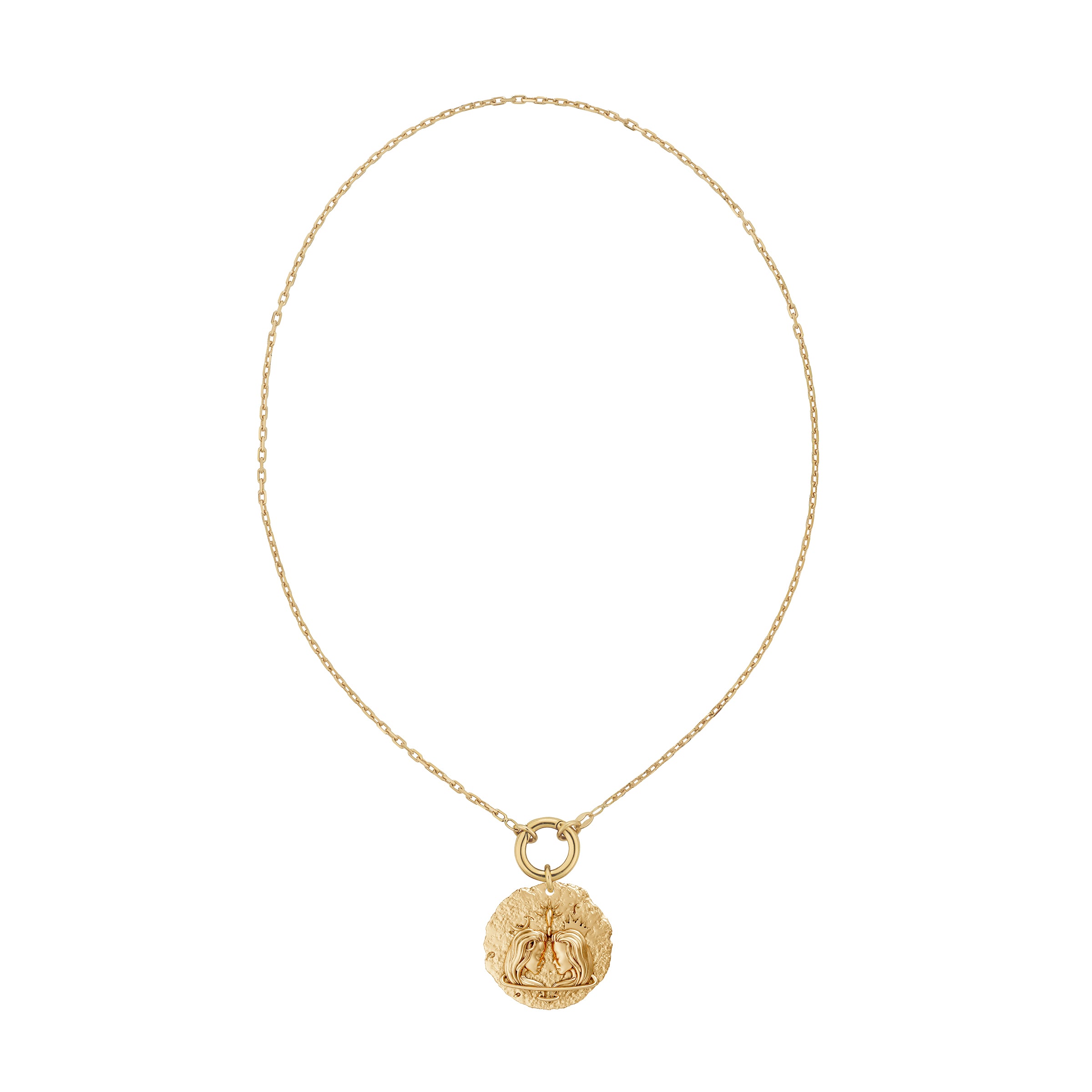 Gold necklace with a round gemini zodiac on pendant solid gold clasp on a white background