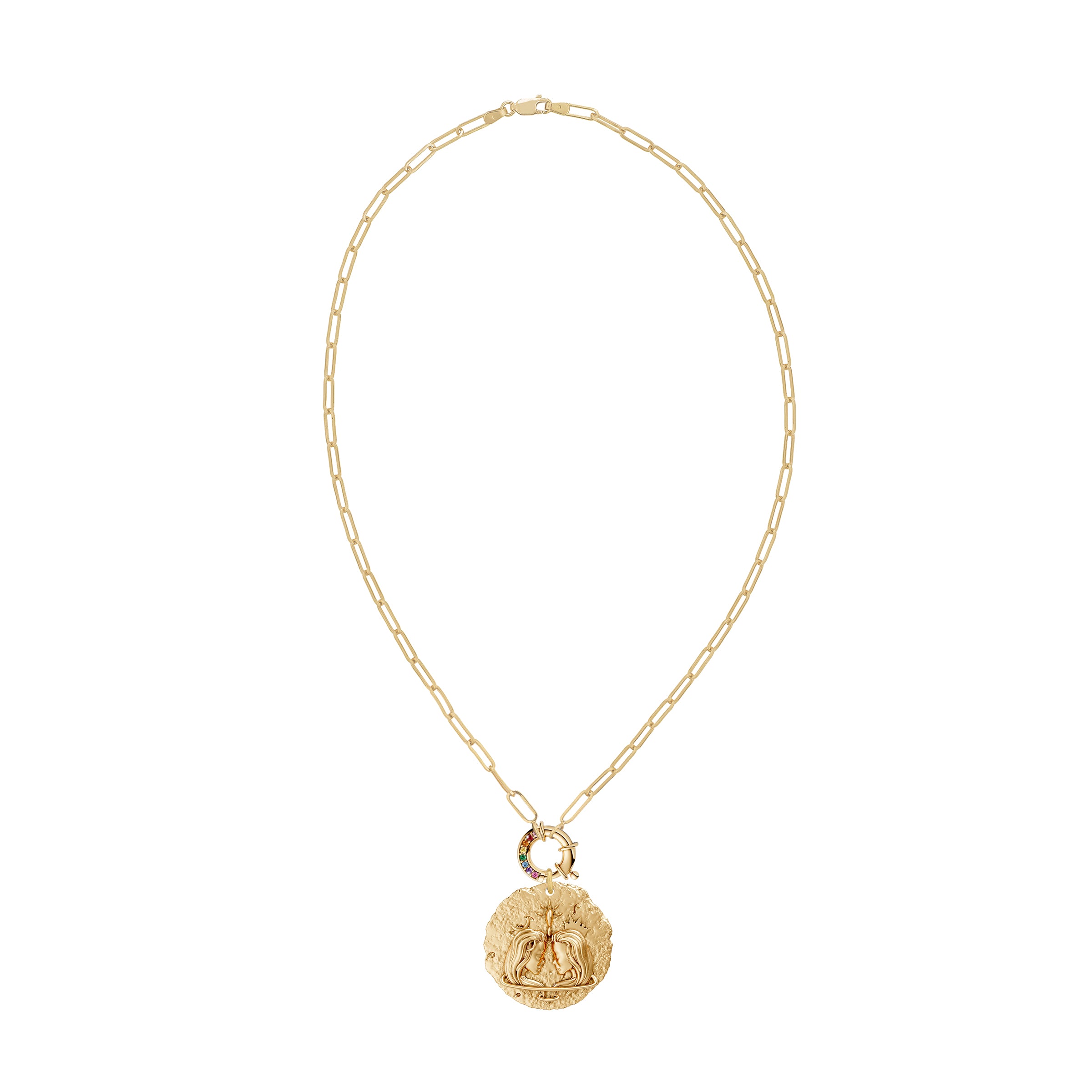 Gold necklace with a round gemini zodiac on pendant rainbow sapphire clasp on a white background