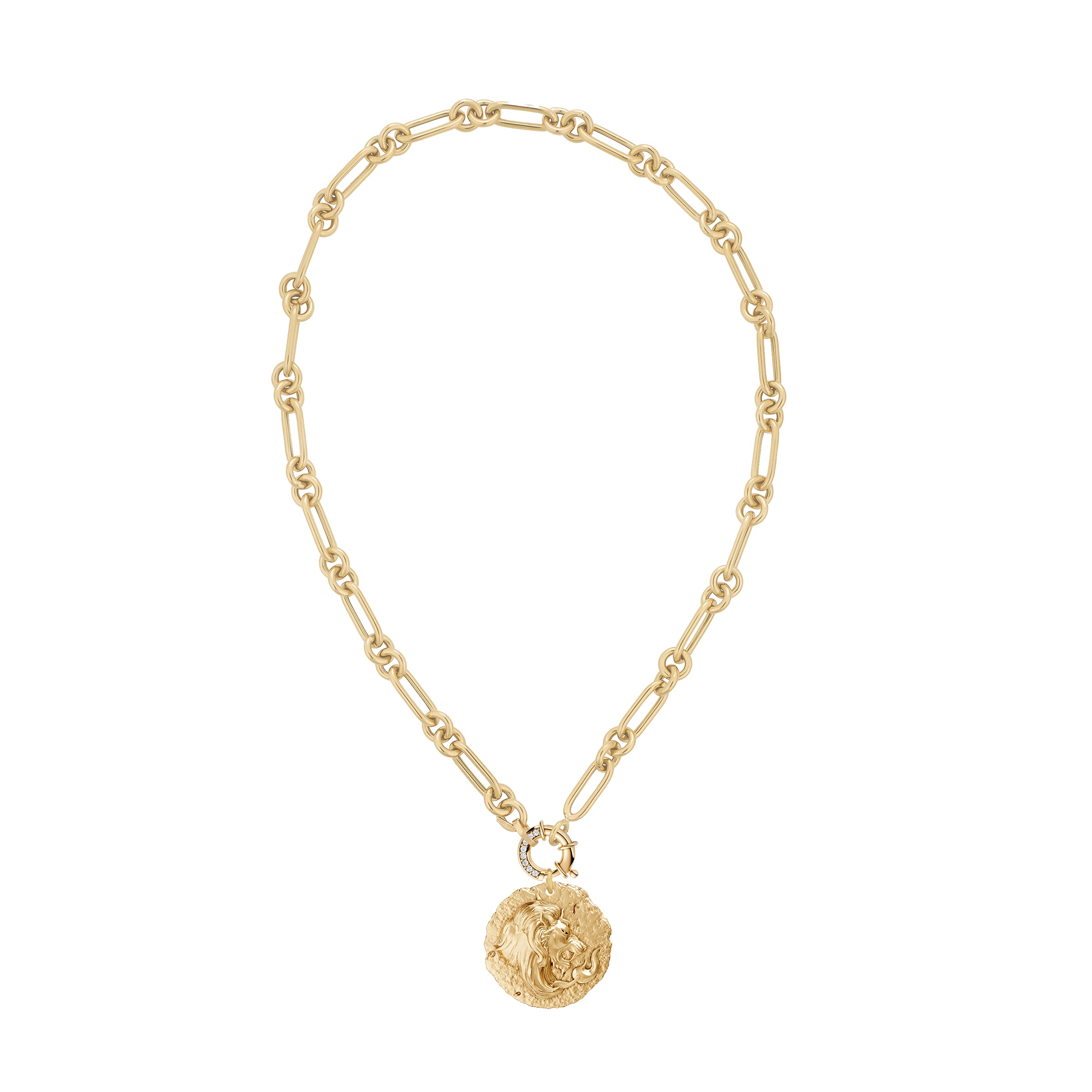 Gold necklace with leo zodiac pendant on decorative white diamond clasp a white background