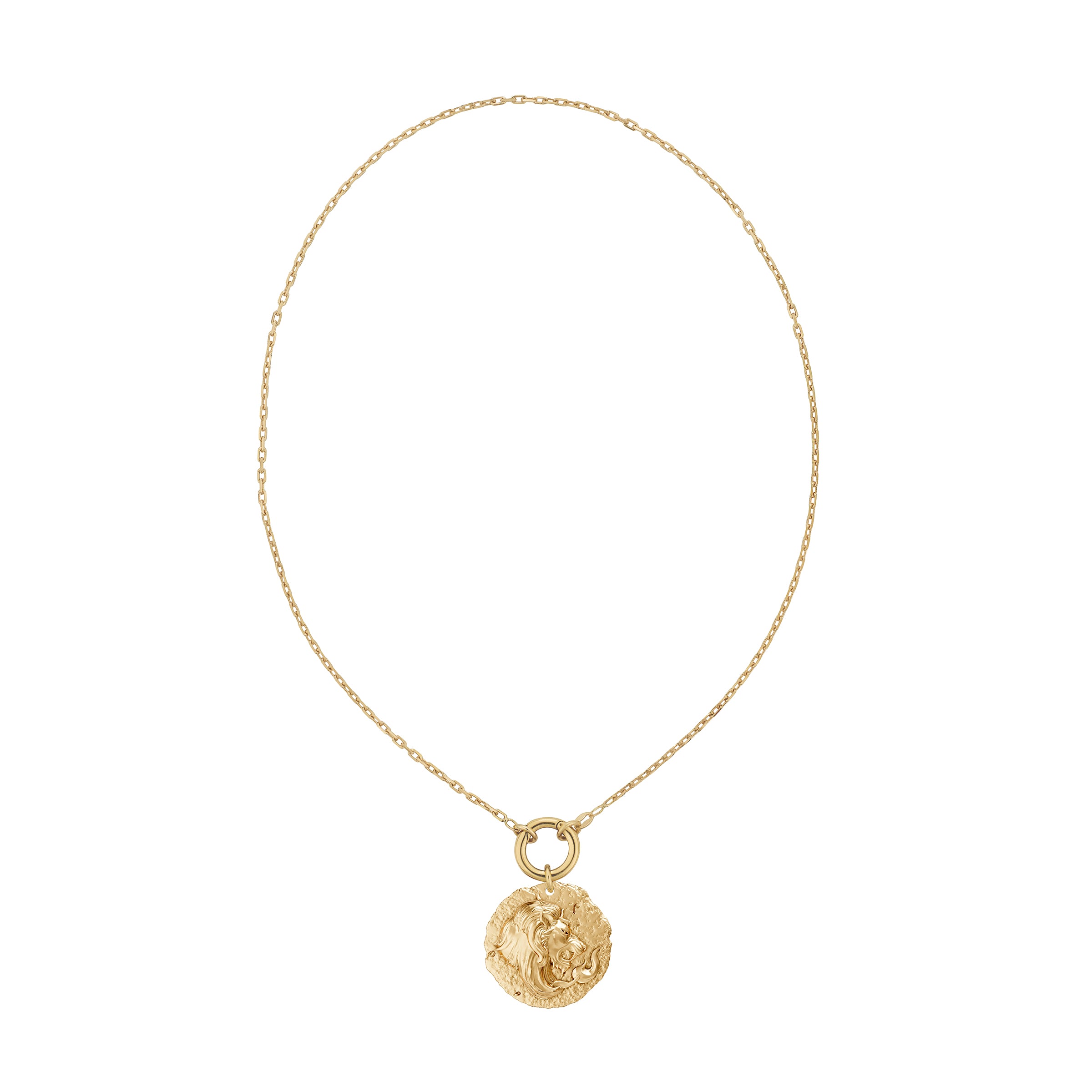 Gold necklace with leo zodiac pendant on decorative solid gold clasp a on white background