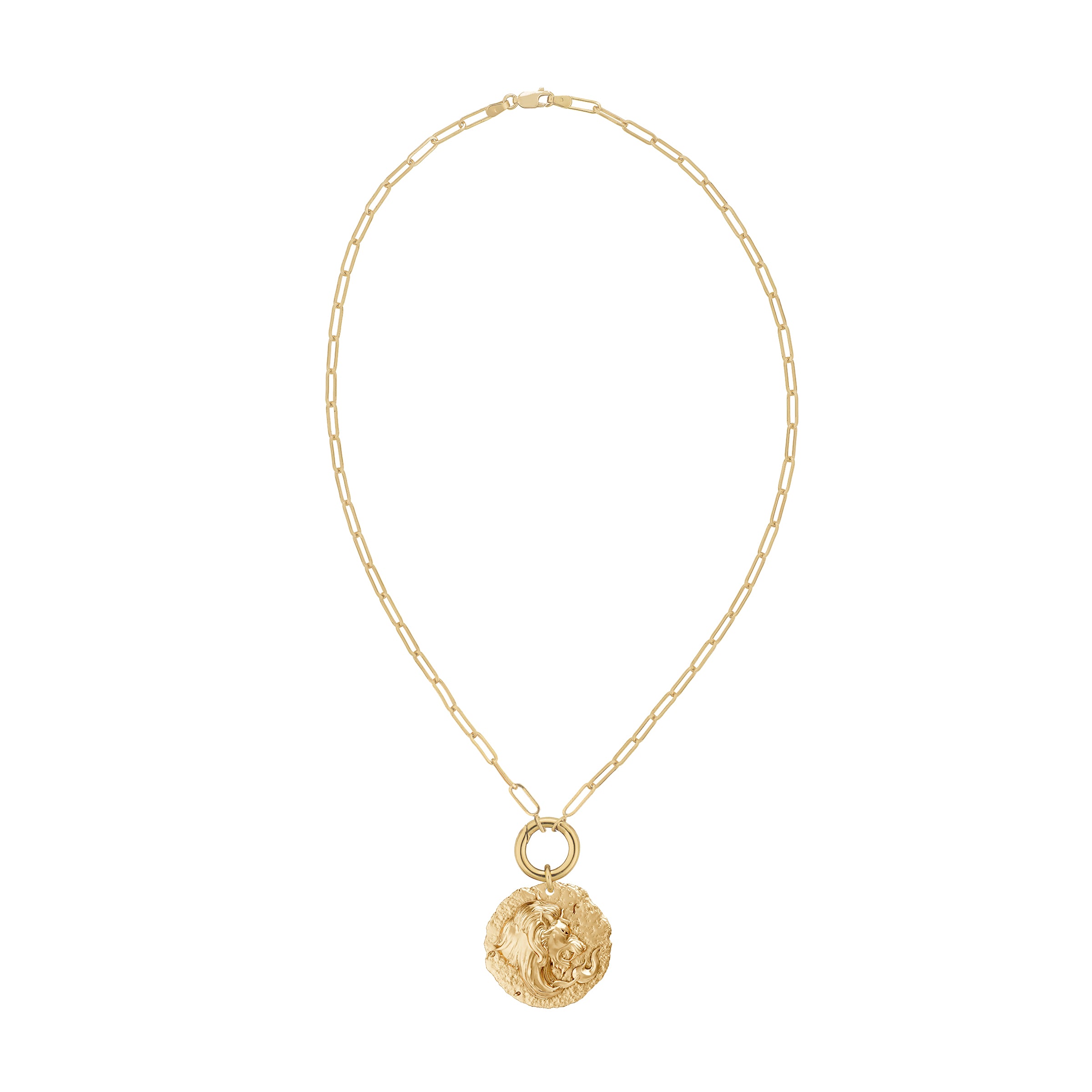 Gold necklace with leo zodiac pendant on decorative solid gold clasp on a white background