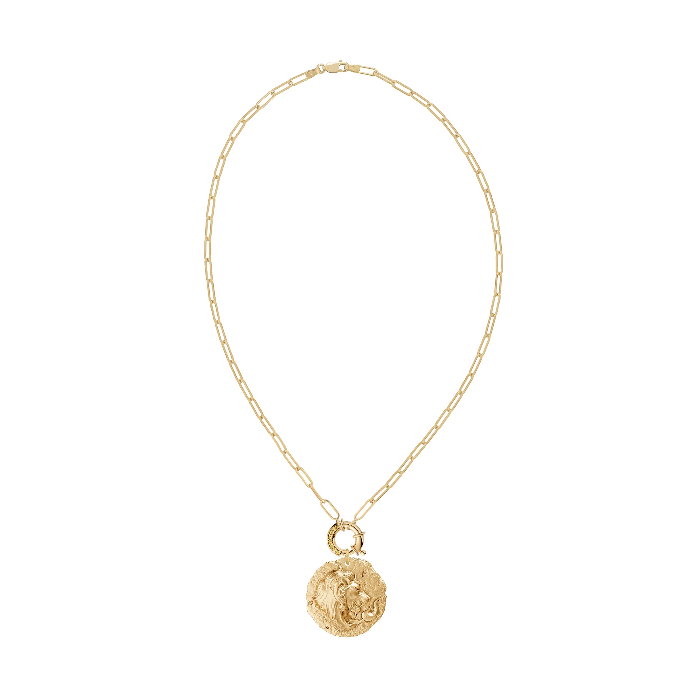 Gold necklace with leo zodiac pendant on decorative yellow diamond clasp on a white background