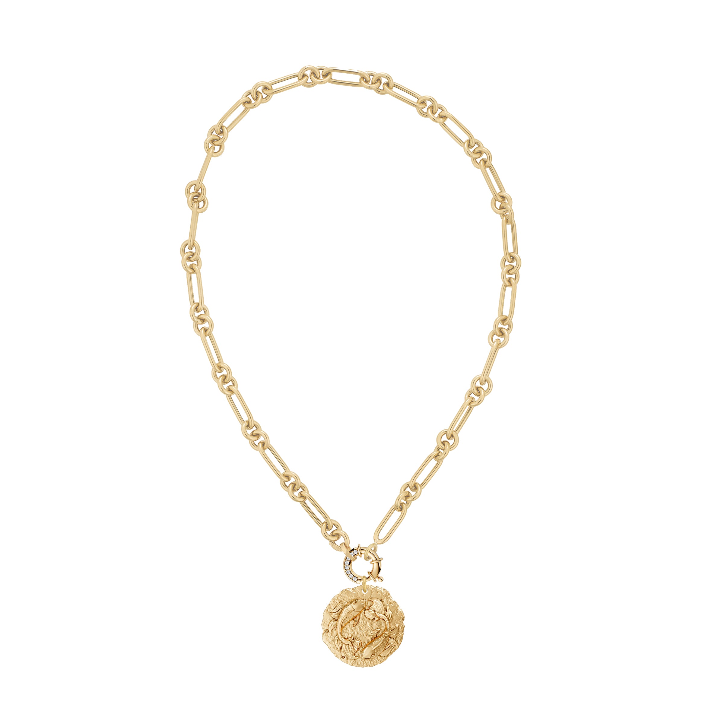 Gold chain necklace with a round Pisces Zodiac pendant on diamond clasp on a white background