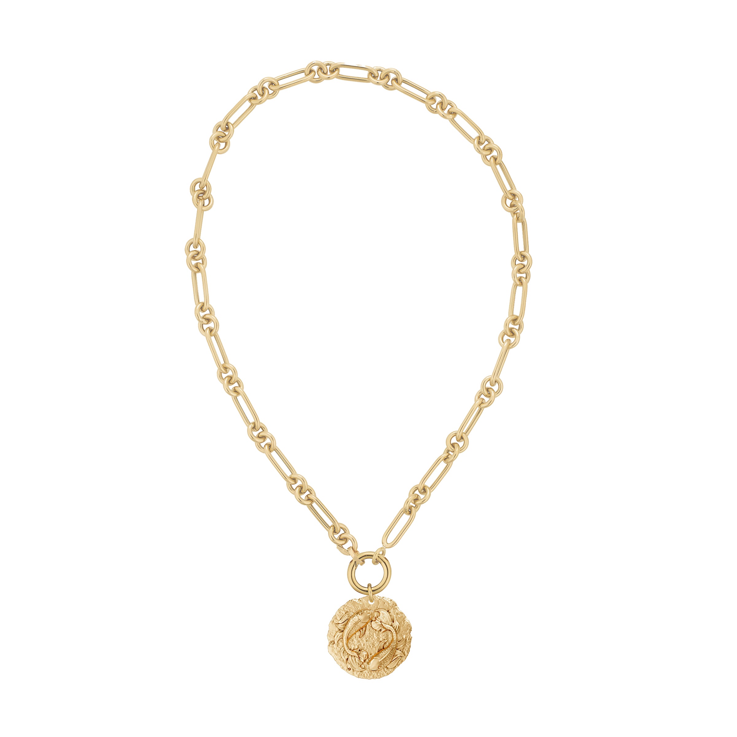 Gold chain necklace with a round Pisces Zodiac pendant on solid gold clasp on a white background