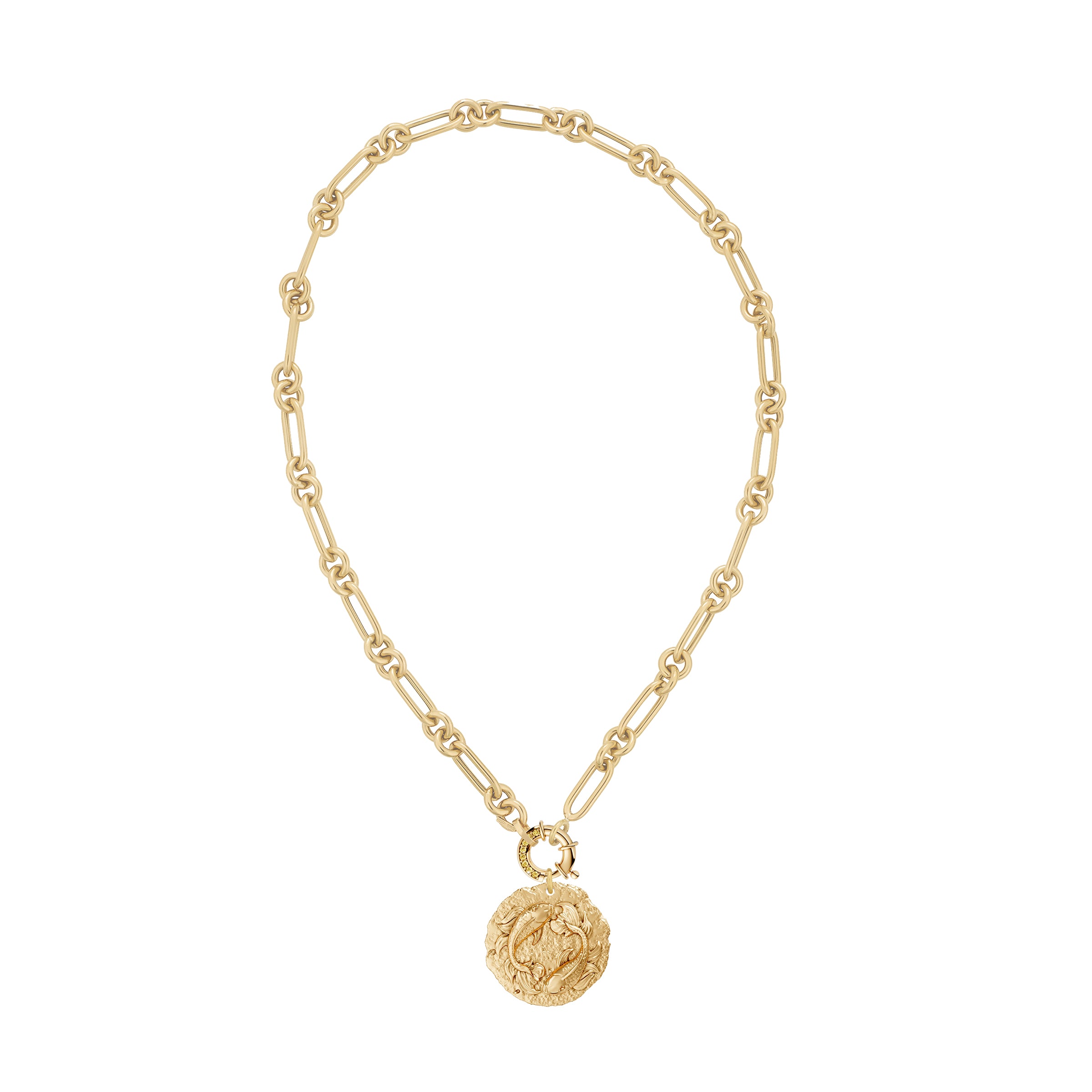 Gold chain necklace with a round Pisces Zodiac pendant on yellow diamond clasp on a white background