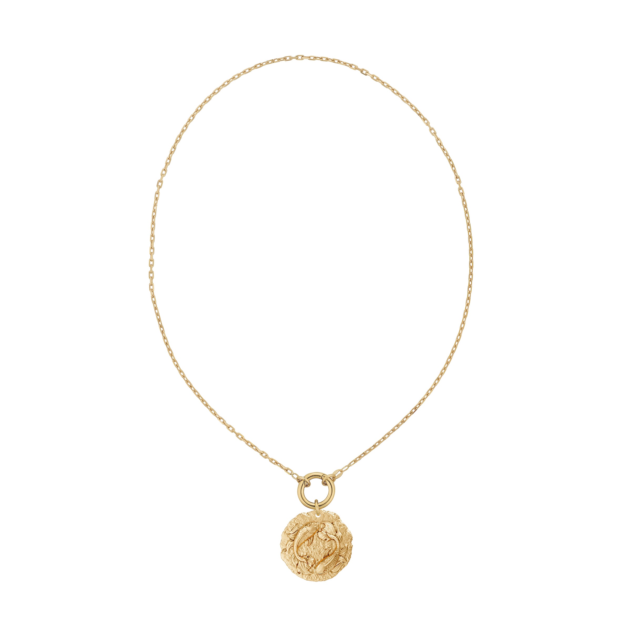 Gold chain necklace with a round Pisces Zodiac pendant on solid gold clasp on a white background