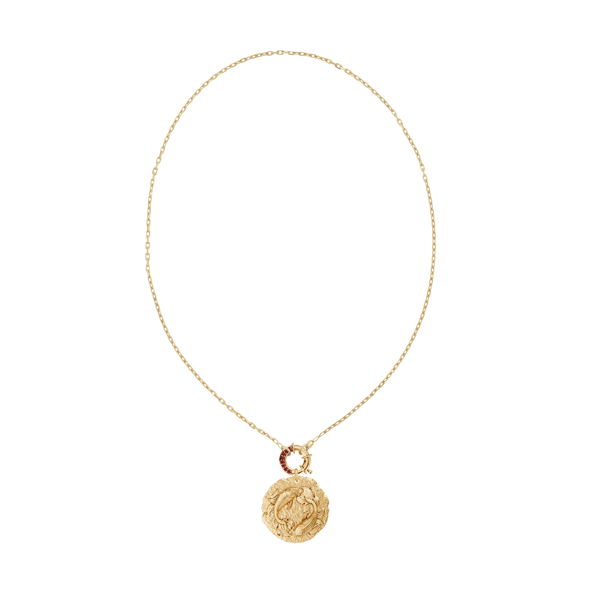 Gold chain necklace with a round Pisces Zodiac pendant on ruby clasp on a white background