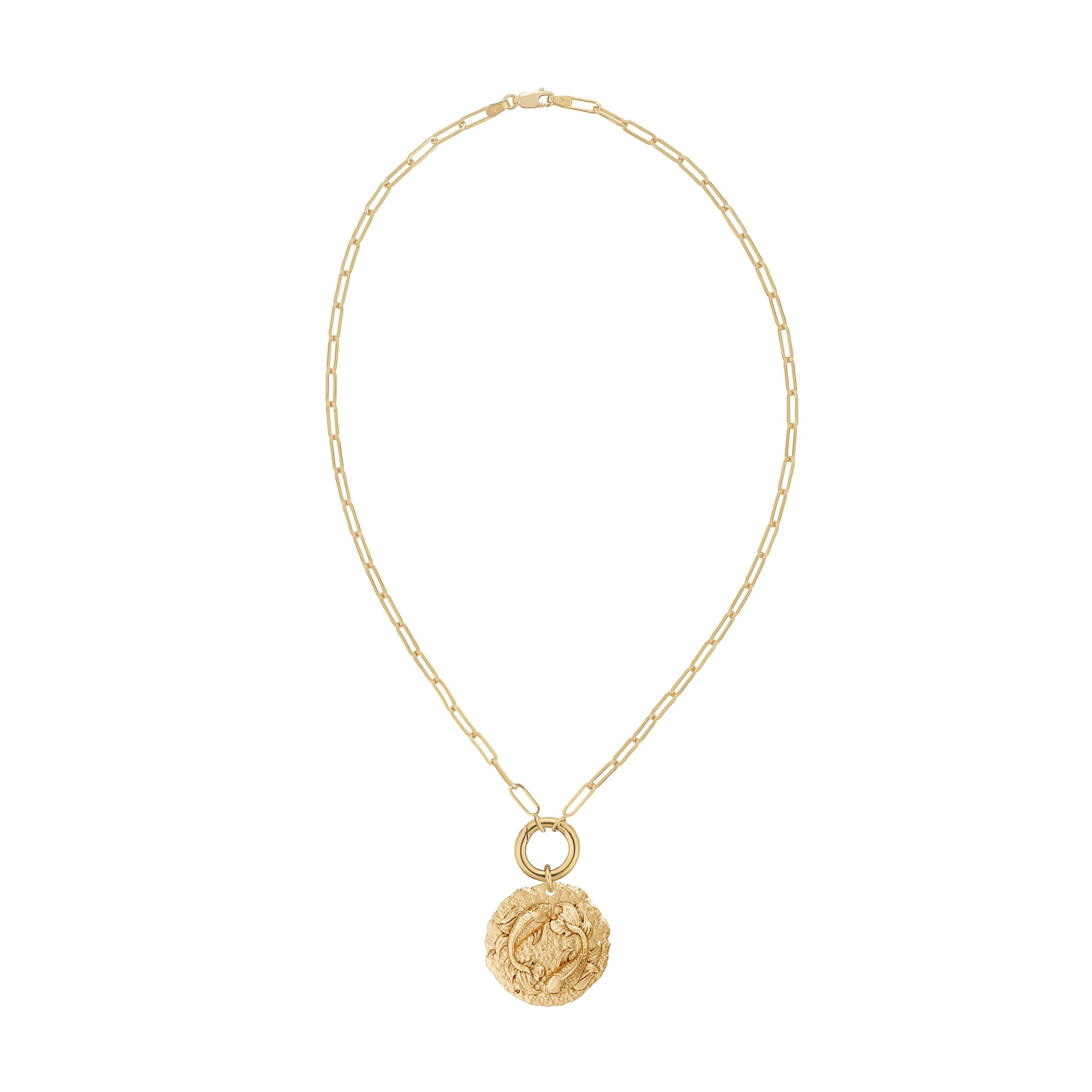 Gold chain necklace with a round Pisces Zodiac pendant on solid gold clasp on a white background