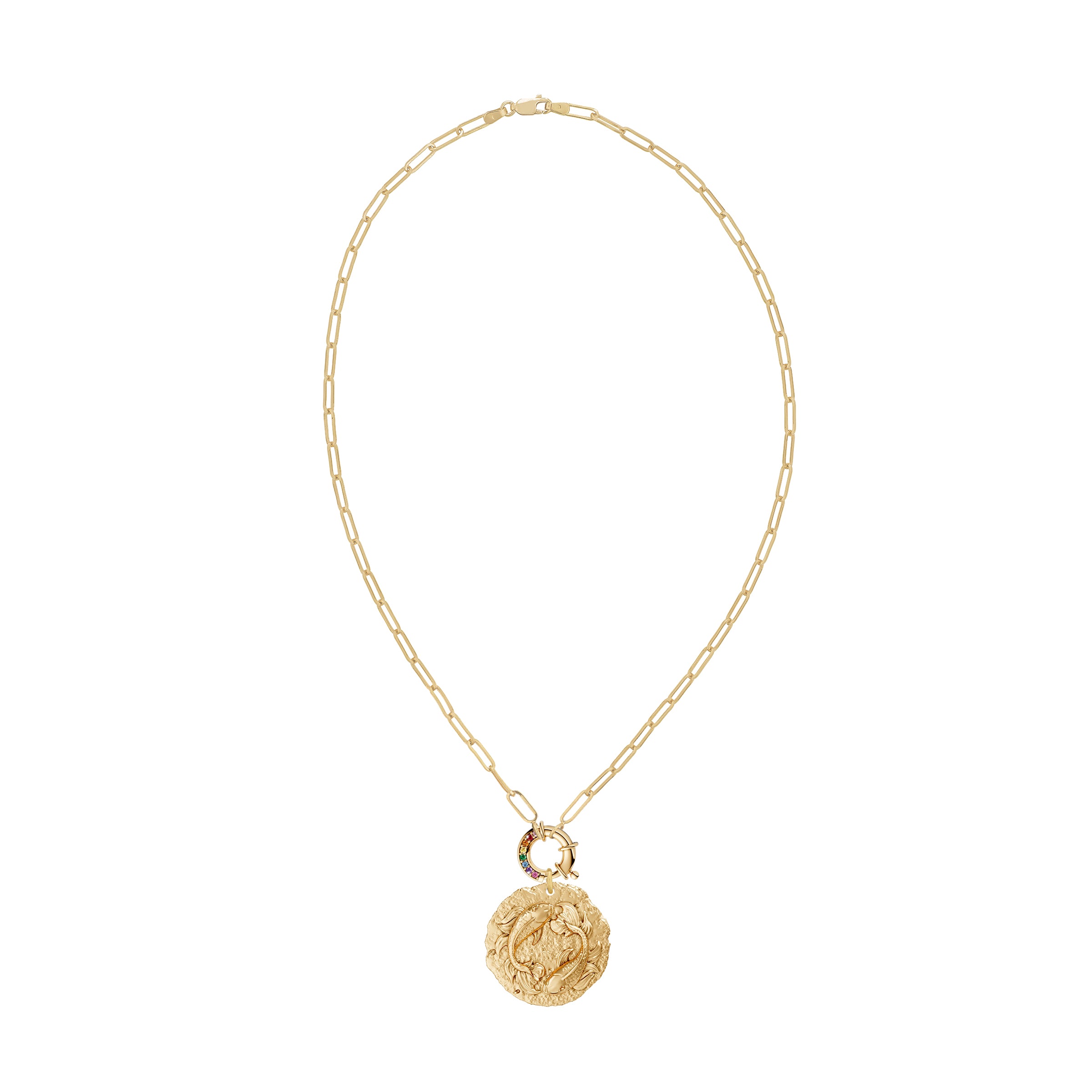 Gold chain necklace with a round Pisces Zodiac pendant on rainbow sapphire clasp on a white background