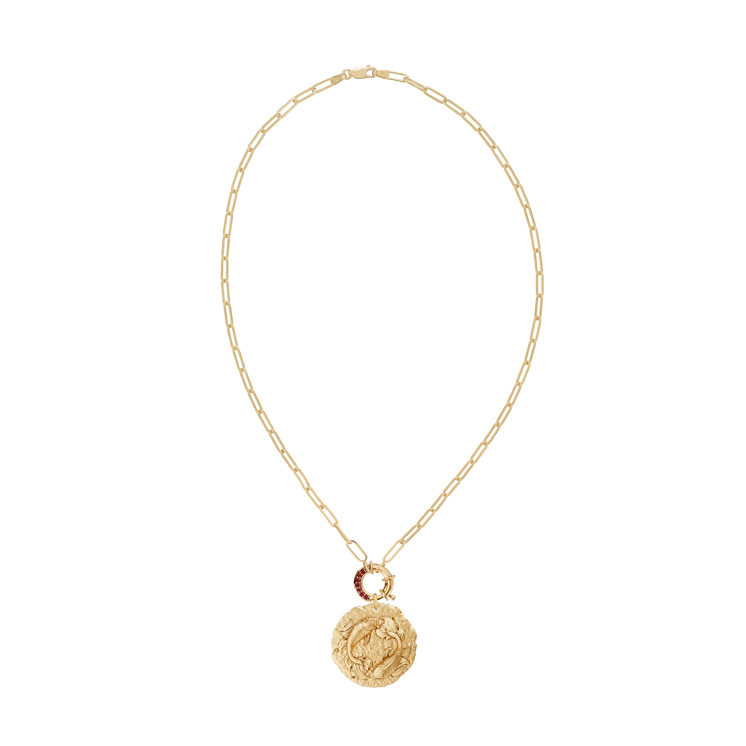 Gold chain necklace with a round Pisces Zodiac pendant on ruby clasp on a white background