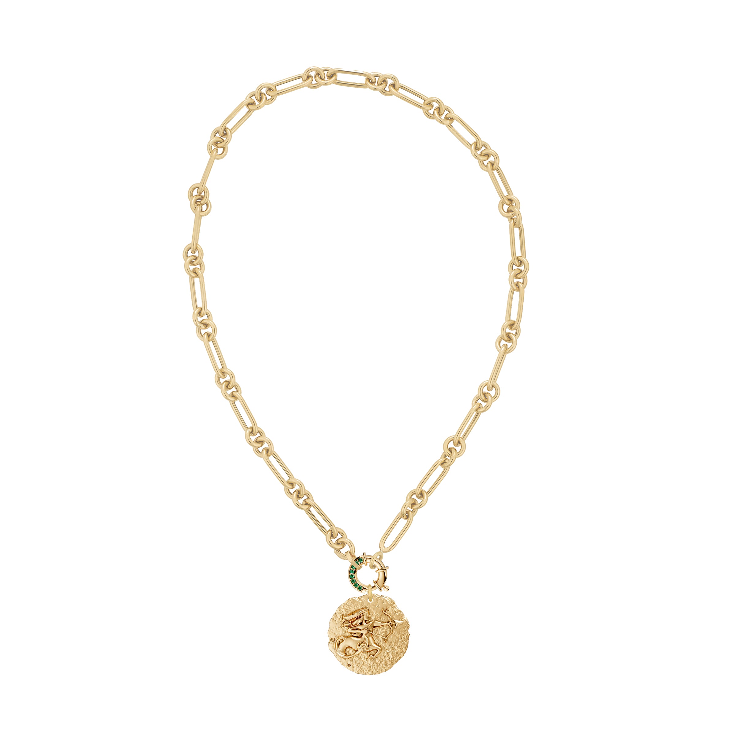 Gold necklace with a circular zodiac Sagittarius pendant on a large link chain and a emerald clasp on a white background