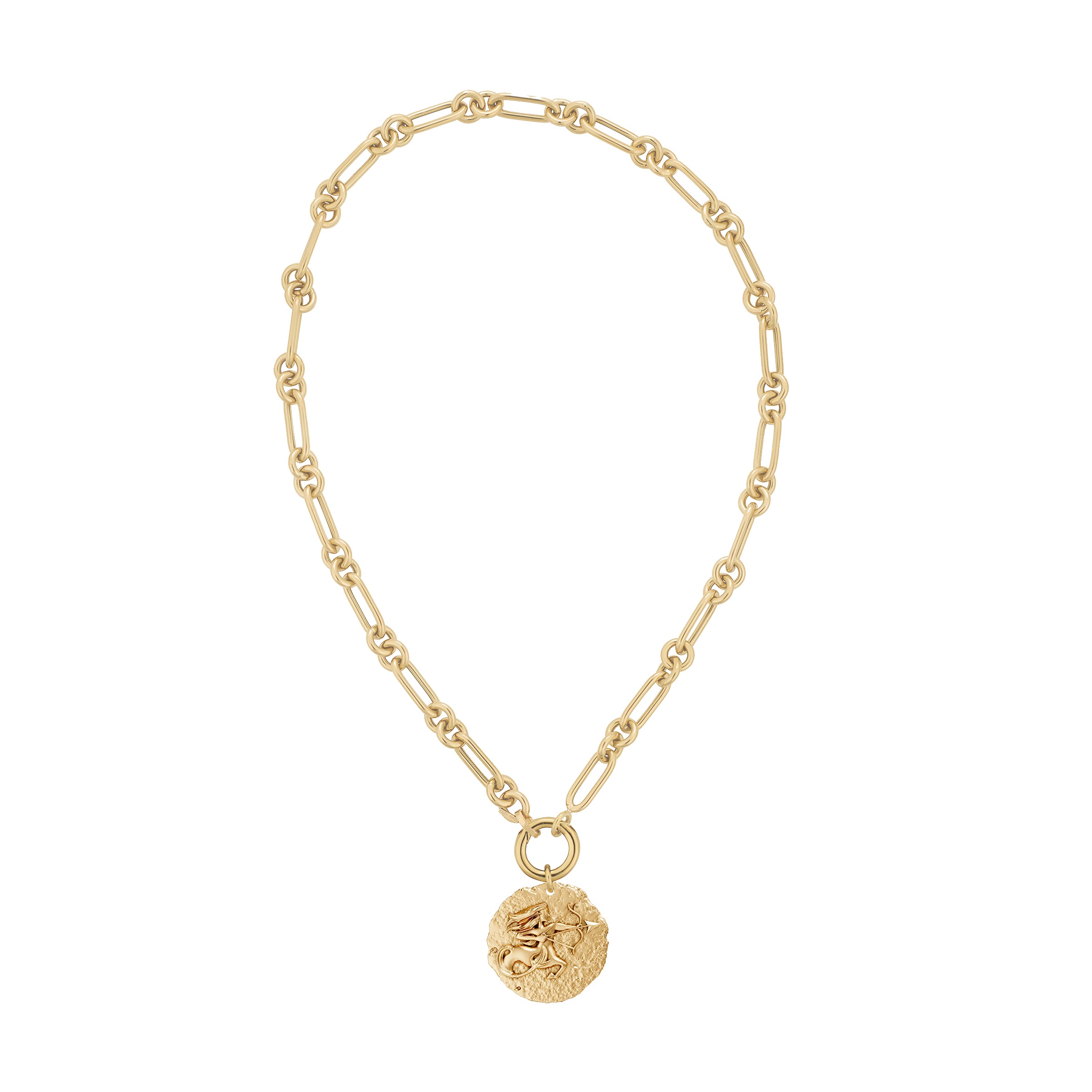 Gold necklace with a circular zodiac Sagittarius pendant on large link chain and a plain solid gold clasp on a white background