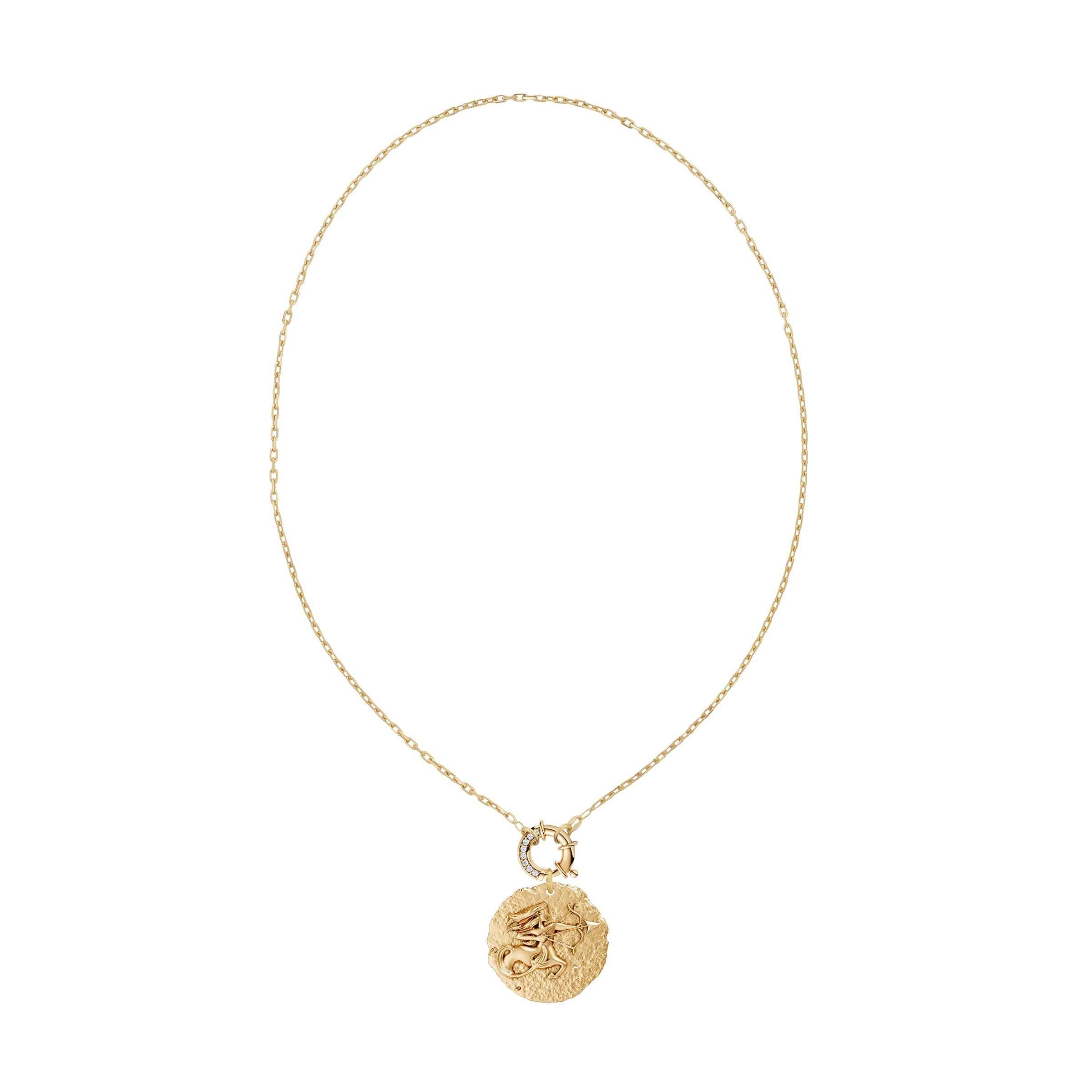 Gold necklace with a circular zodiac Sagittarius pendant on a small link chain and a white diamond clasp on a white background
