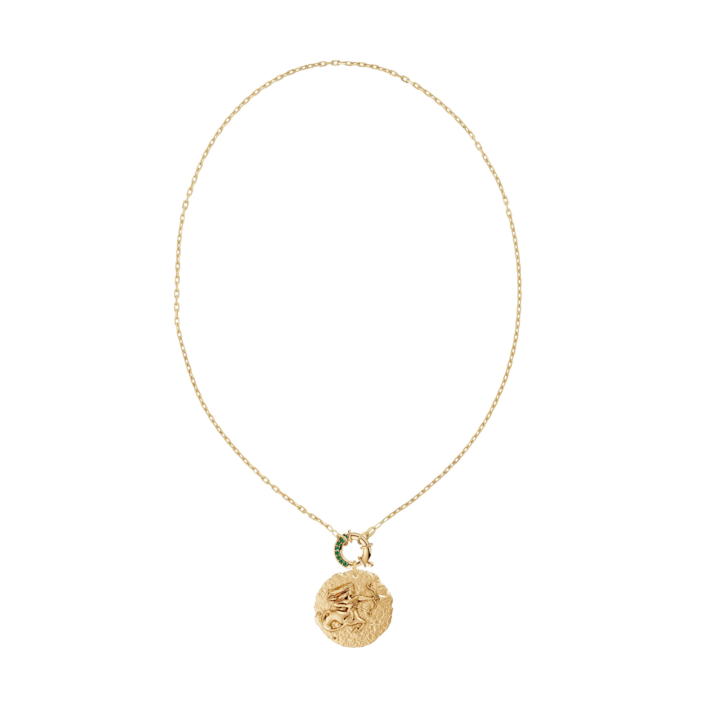 Gold necklace with a circular zodiac Sagittarius pendant on a small link chain and a emerald clasp on a white background