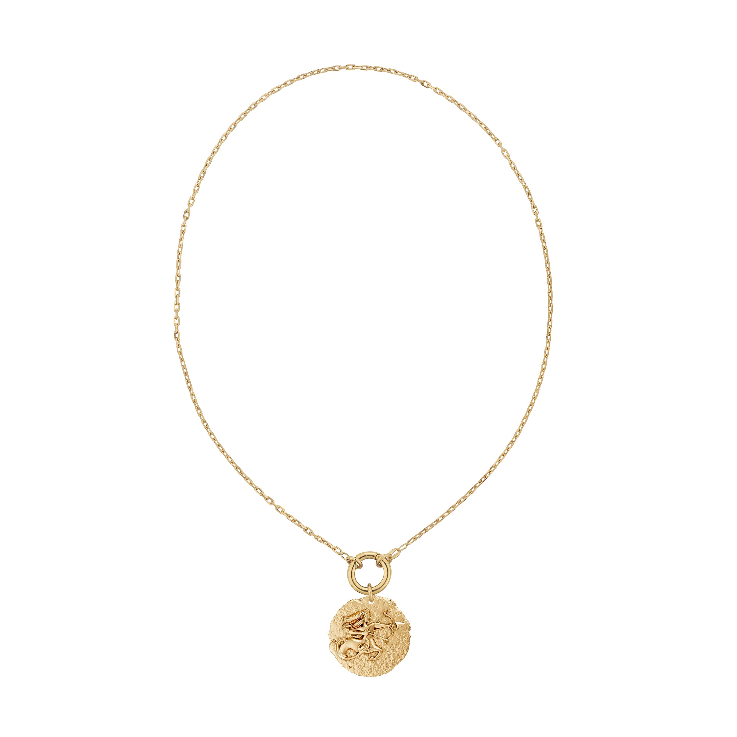 Gold necklace with a circular zodiac Sagittarius pendant on a small link chain and a plain gold clasp on a white background
