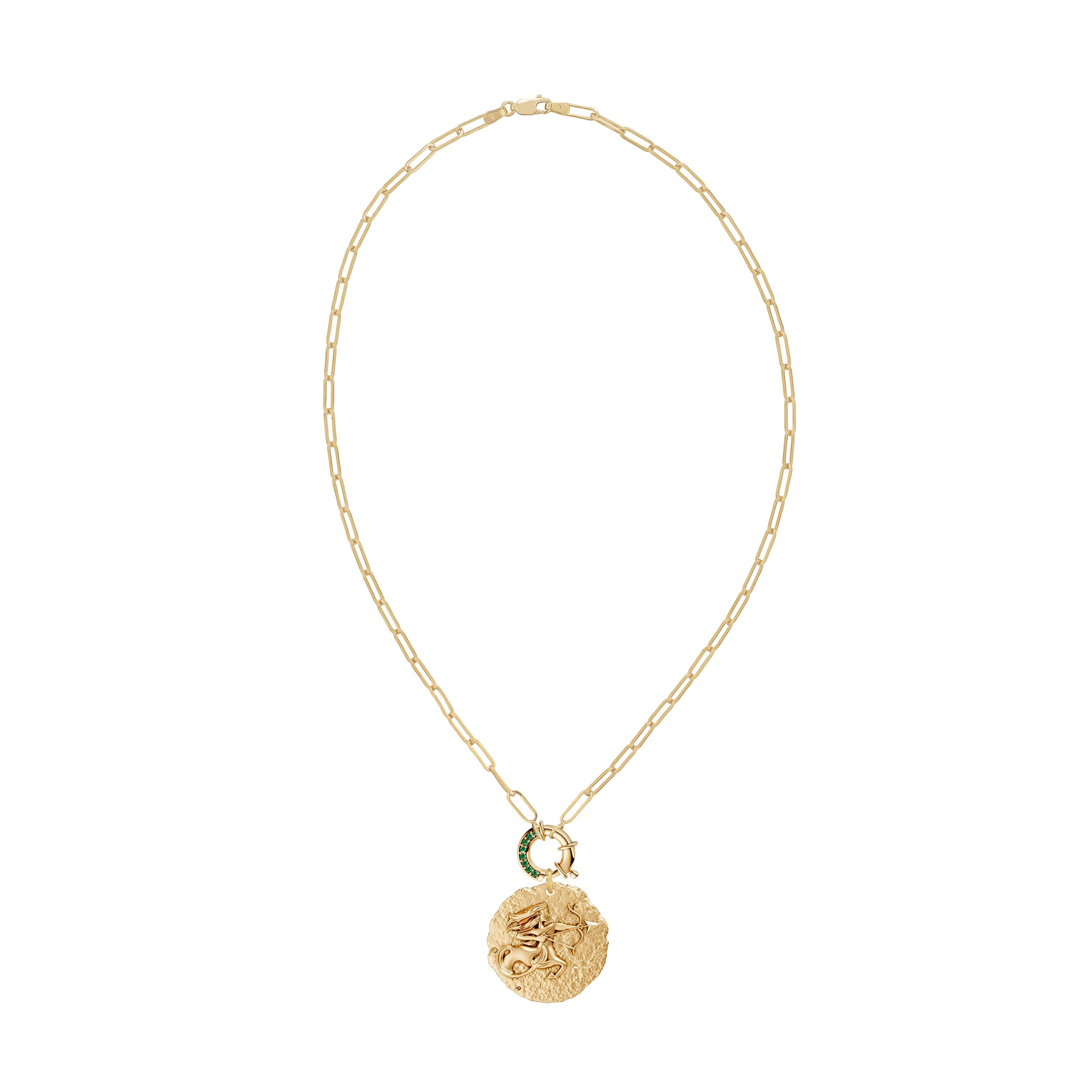 Gold necklace with a circular zodiac Sagittarius pendant on a paperclip link chain and a emerald clasp on a white background
