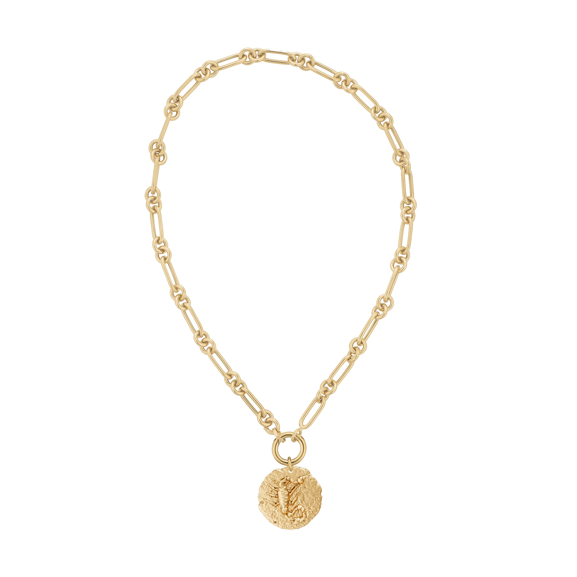 Gold necklace with a circular zodiac scorpio pendant on link chain and solid gold clasp on a white background