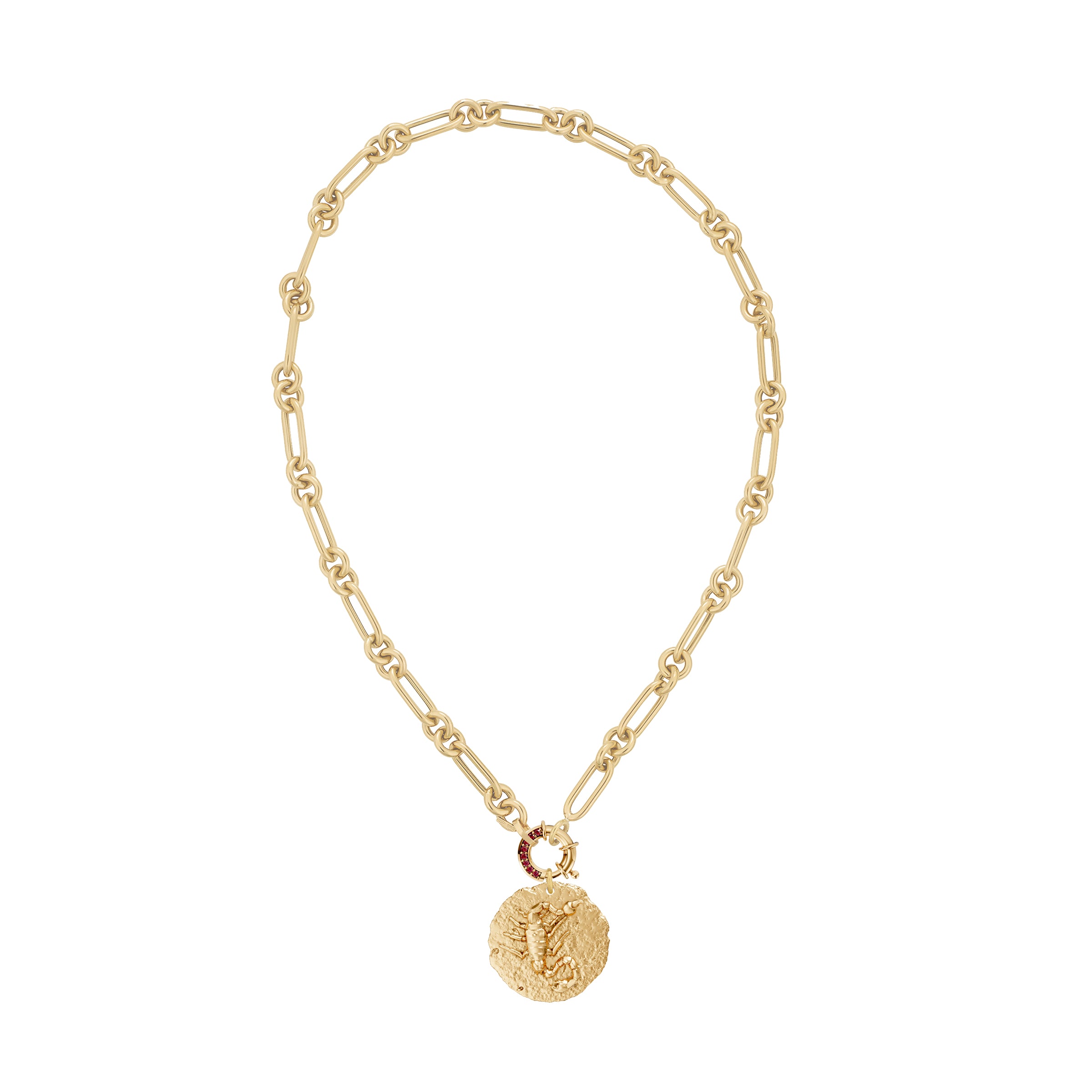 Gold necklace with a circular zodiac scorpio pendant on link chain and ruby clasp on a white background