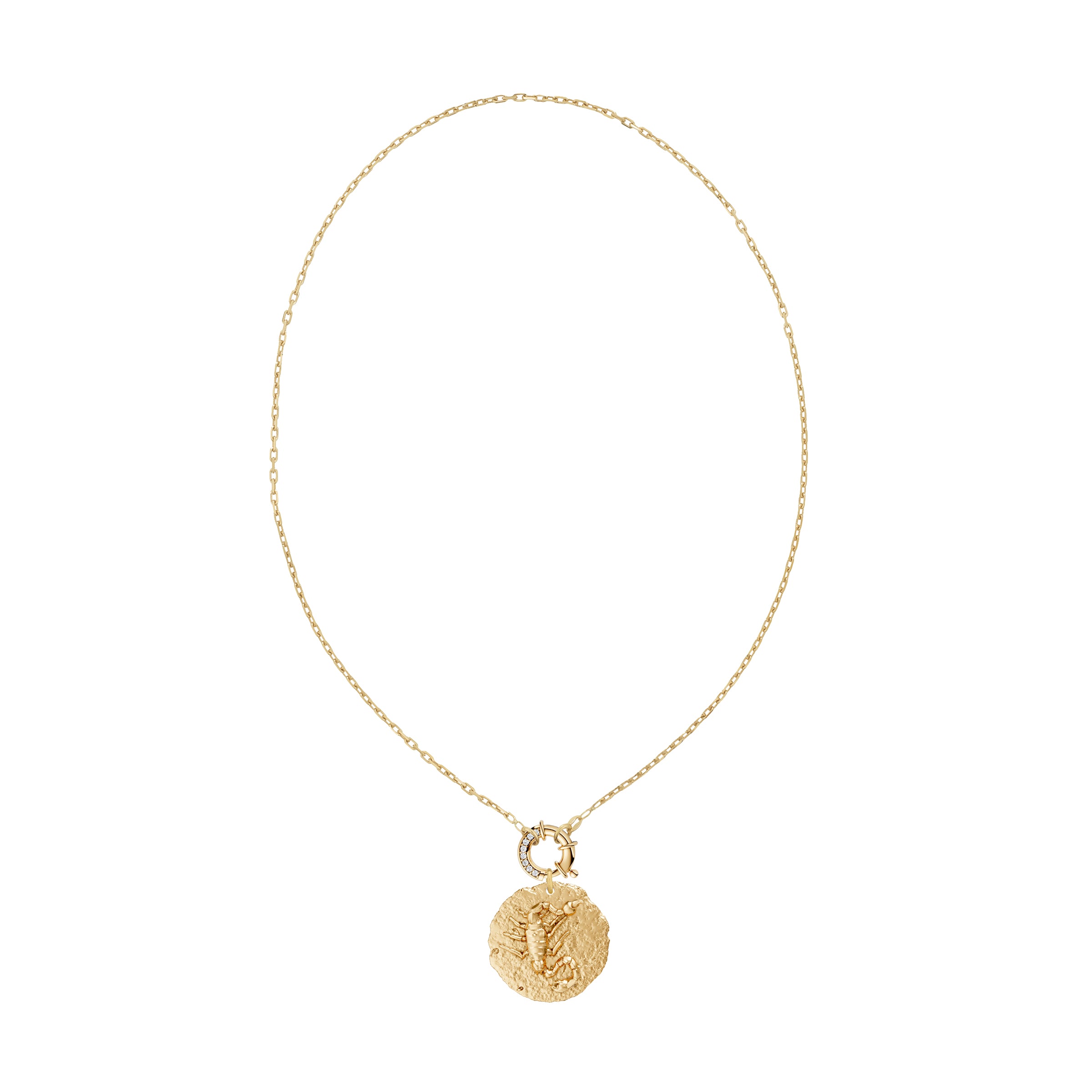 Gold necklace with a circular zodiac scorpio pendant on small link chain and white diamond clasp on a white background