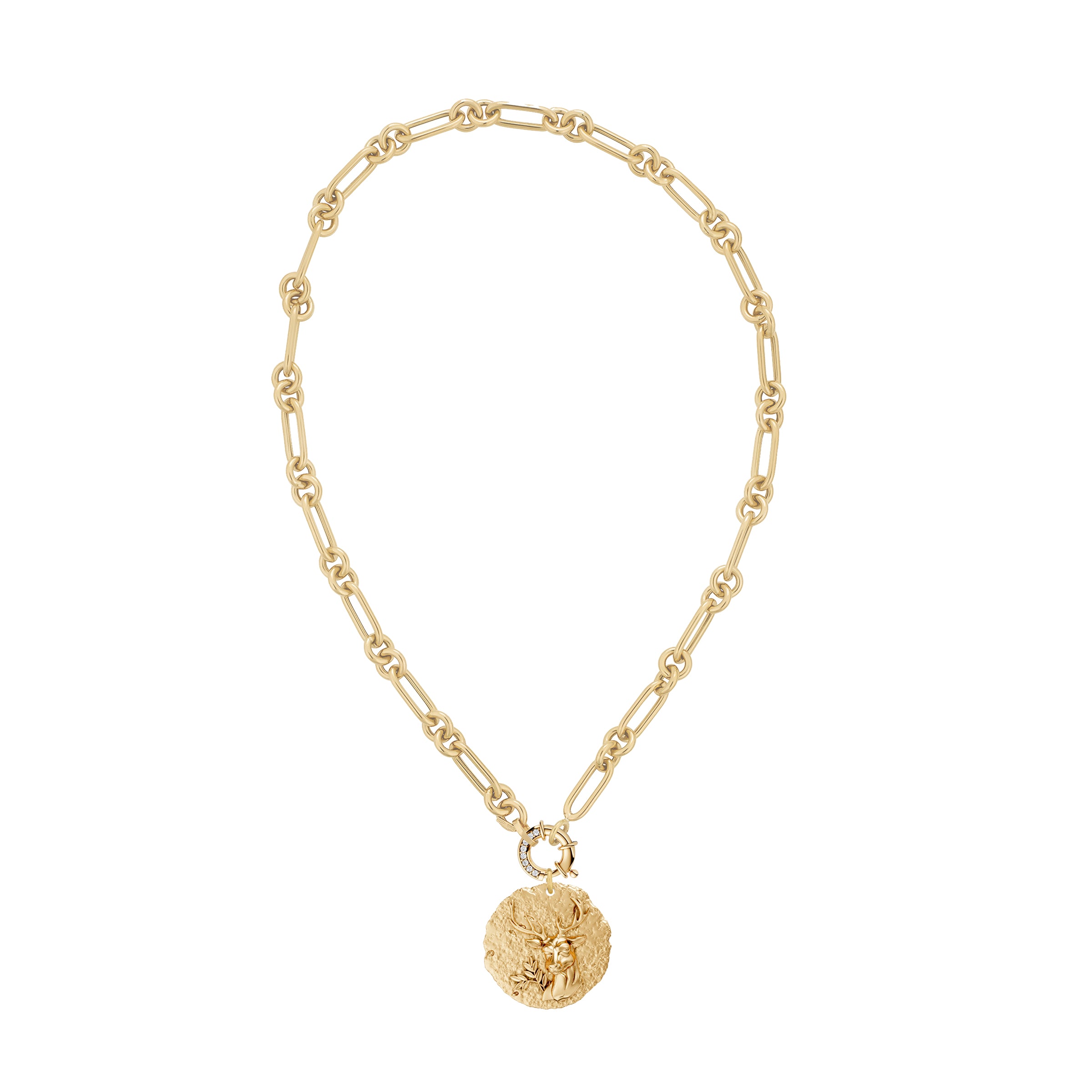 Gold necklace with a round zodiac virgo pendant on link chain with decorative diamond clasp on a white background