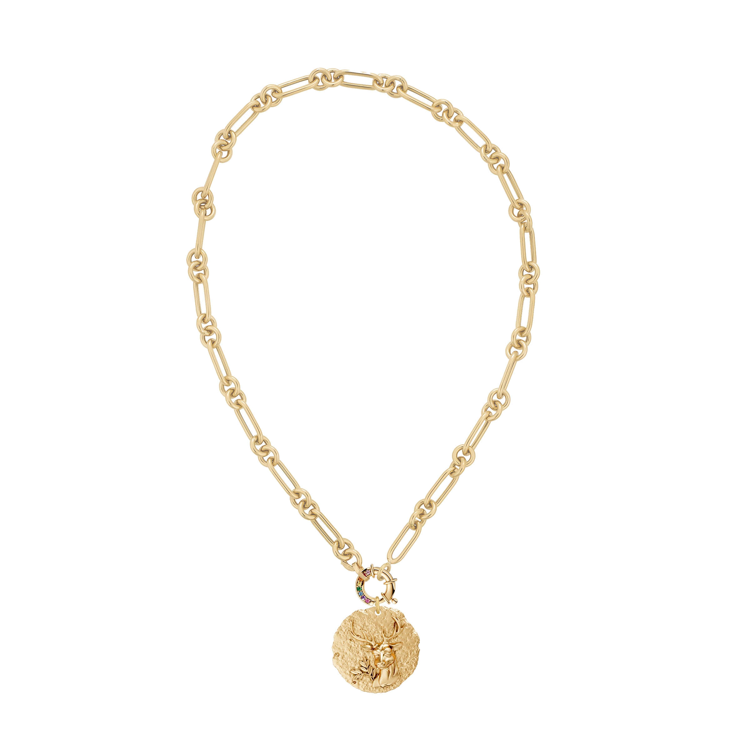 Gold necklace with a round zodiac virgo pendant on link chain with decorative rainbow sapphire clasp on a white background