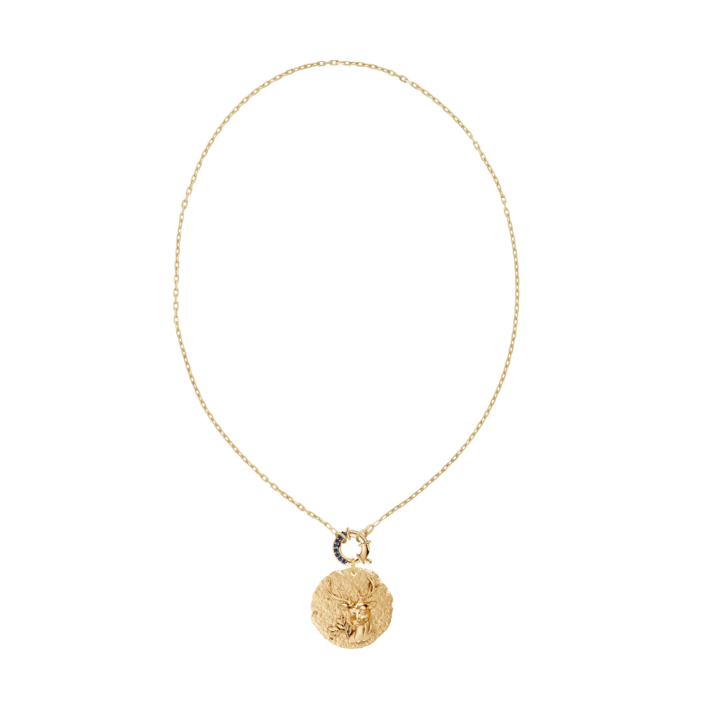 Gold necklace with a round zodiac virgo pendant on link chain with decorative blue sapphire clasp on a white background