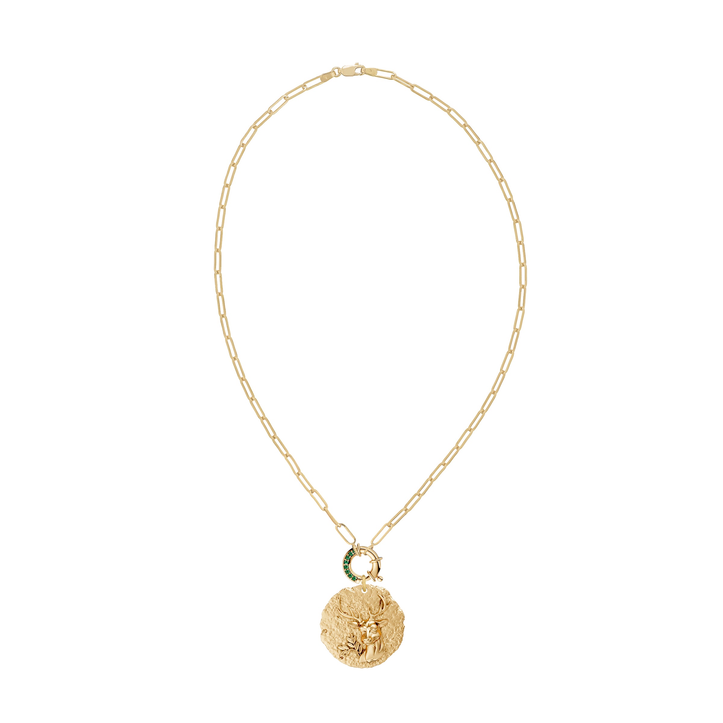Gold necklace with a round zodiac virgo pendant on link chain with decorative emerald clasp on a white background
