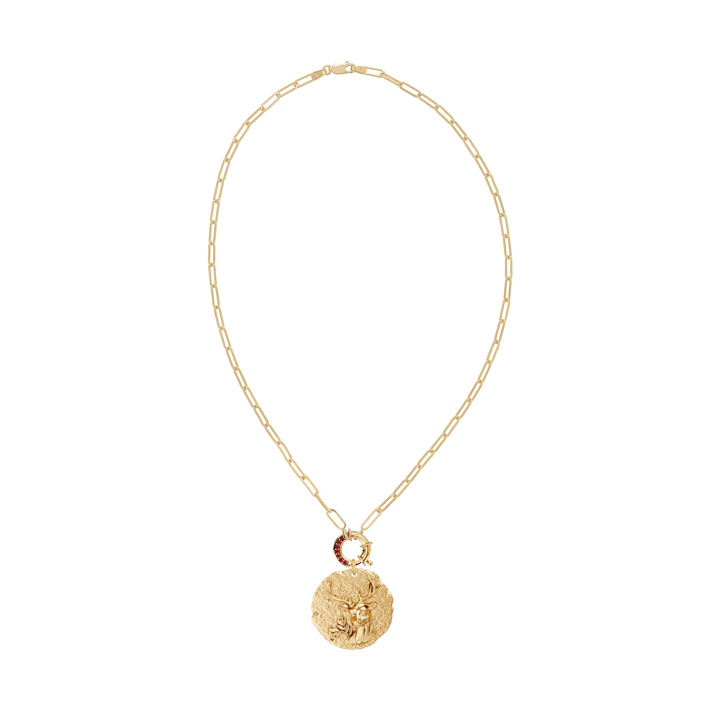 Gold necklace with a round zodiac virgo pendant on link chain with decorative ruby clasp on a white background