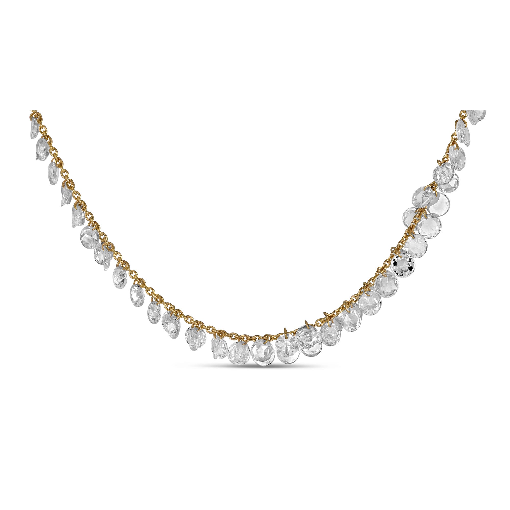 Rose cut diamond necklace set in yellow gold on white background