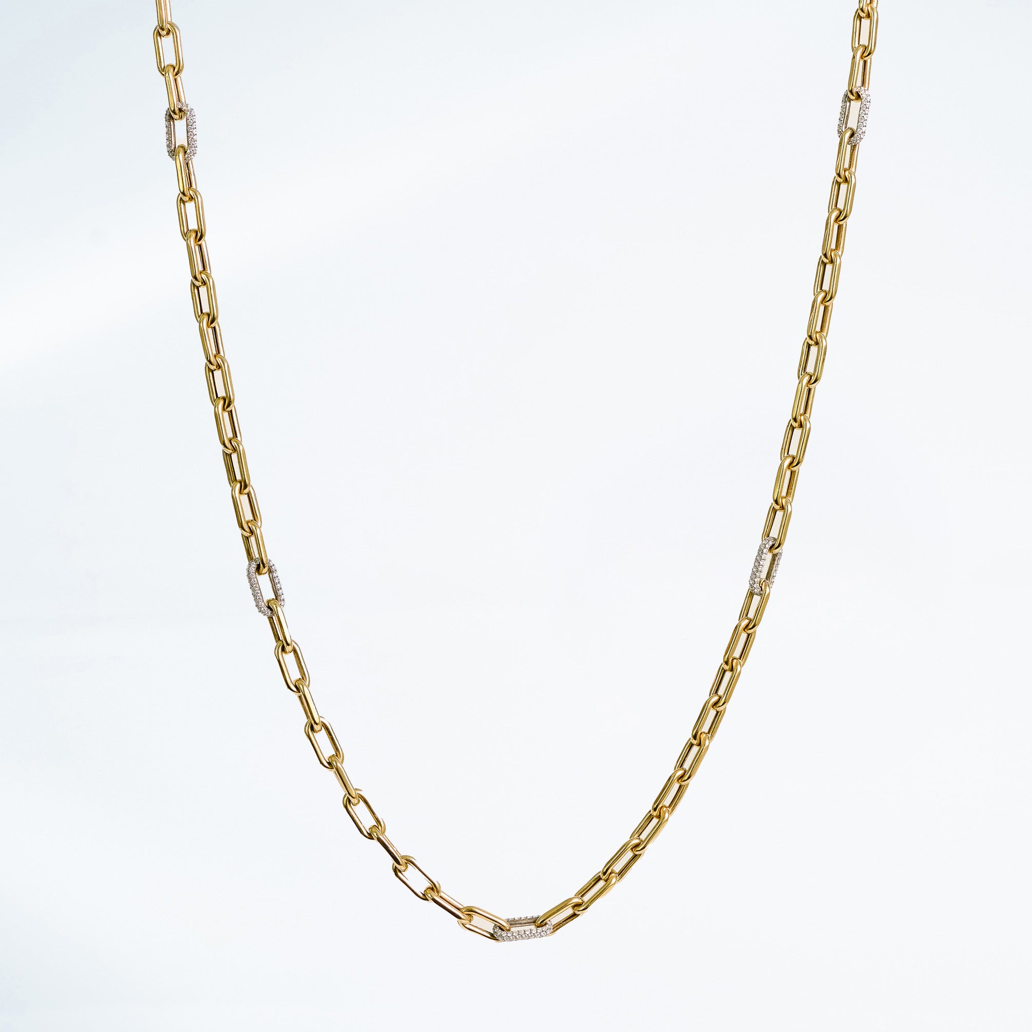 Yellow gold chain link necklace with pave natural mined diamonds 14k yellow gold.