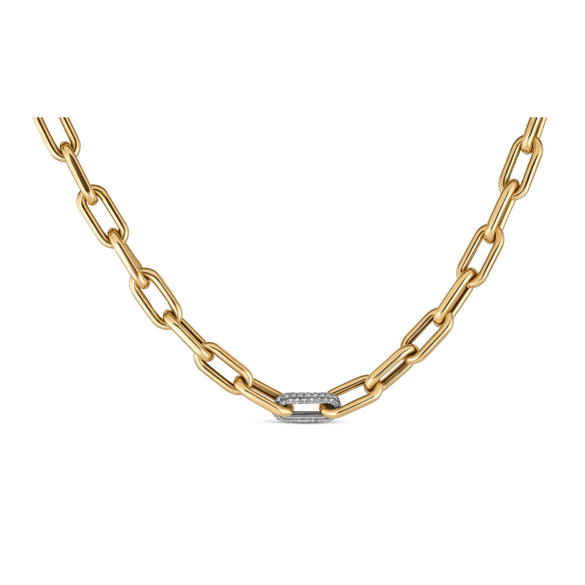 Yellow gold chain link necklace with pave natural mined diamonds 14k yellow gold.