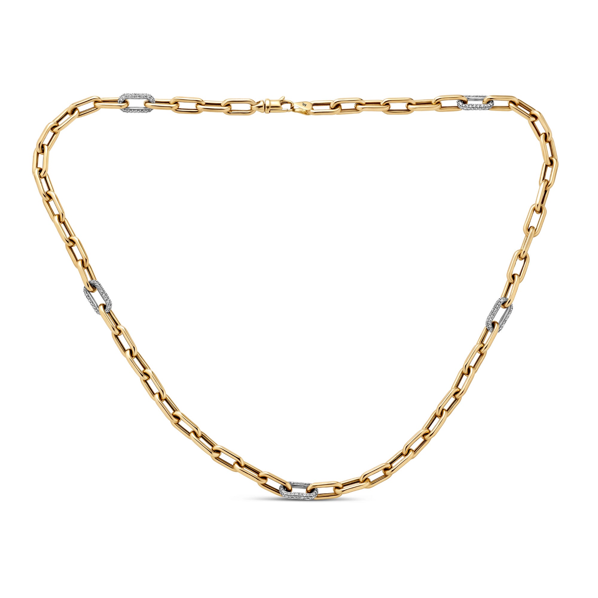 Yellow gold chain link necklace with pave natural mined diamonds 14k yellow gold.