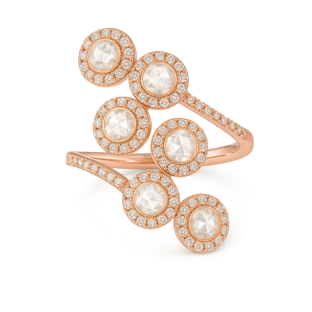 Rose Cut Diamond Ring Set in Rose Gold. 6 Round diamonds surrounded by delicate round diamonds on band. Eau De Rose Cut.
