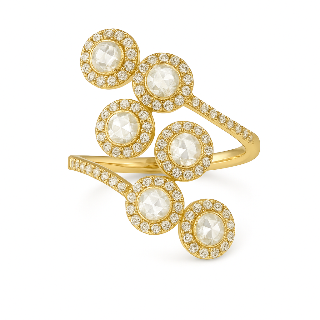 Rose Cut Diamond Ring Set in Yellow Gold. 6 Round diamonds surrounded by delicate round diamonds on band. Eau De Rose Cut.
